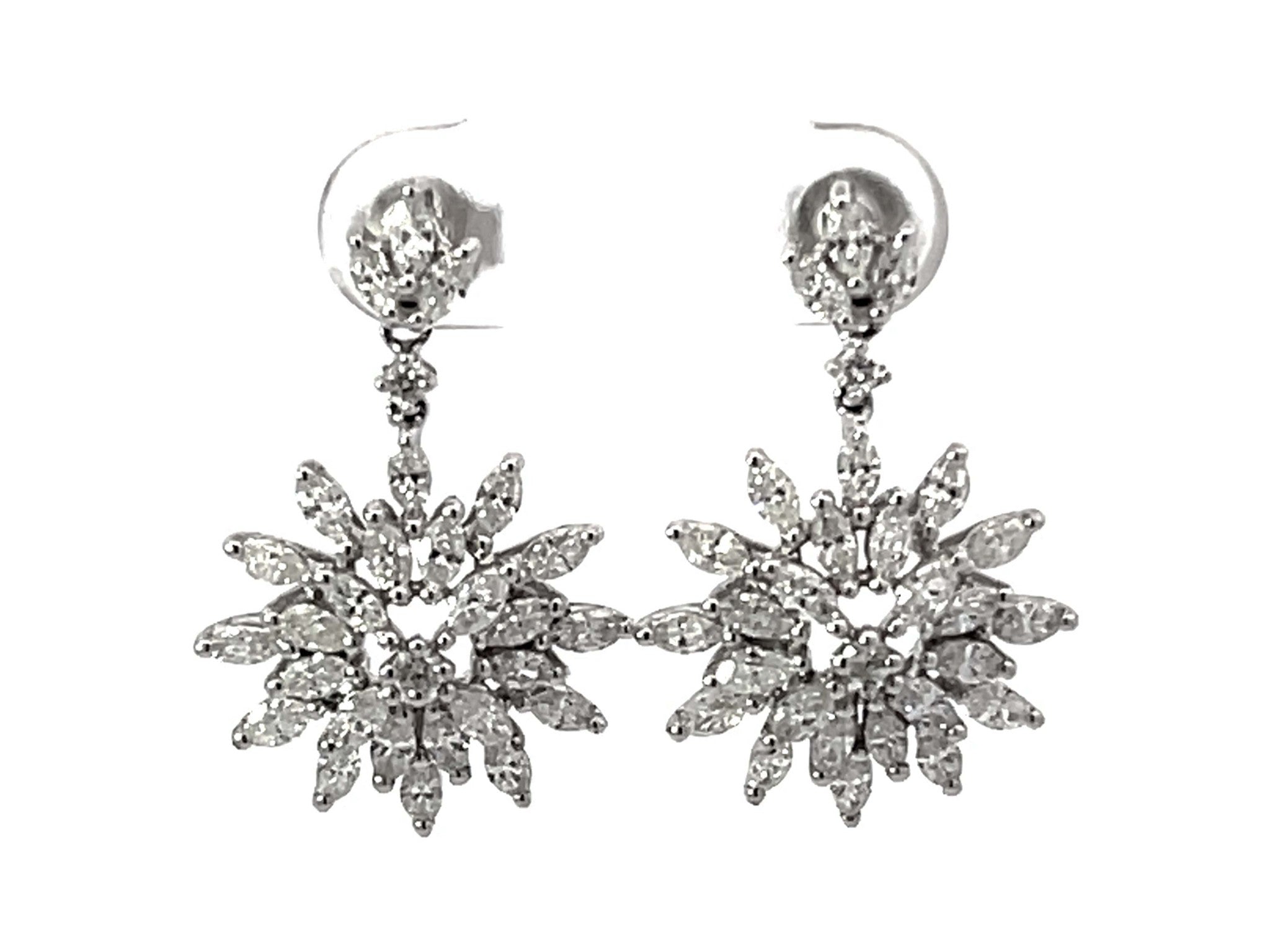 Dangly Diamond Snowflake Earrings 18k White Gold