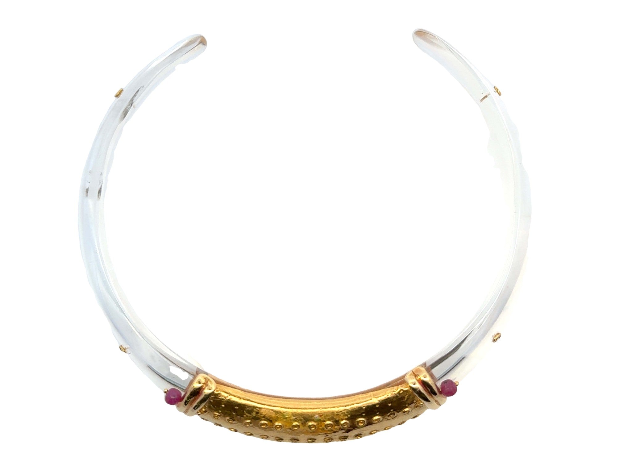 Clear Acrylic Hinge Collar Necklace 22k Yellow Gold and Rubies