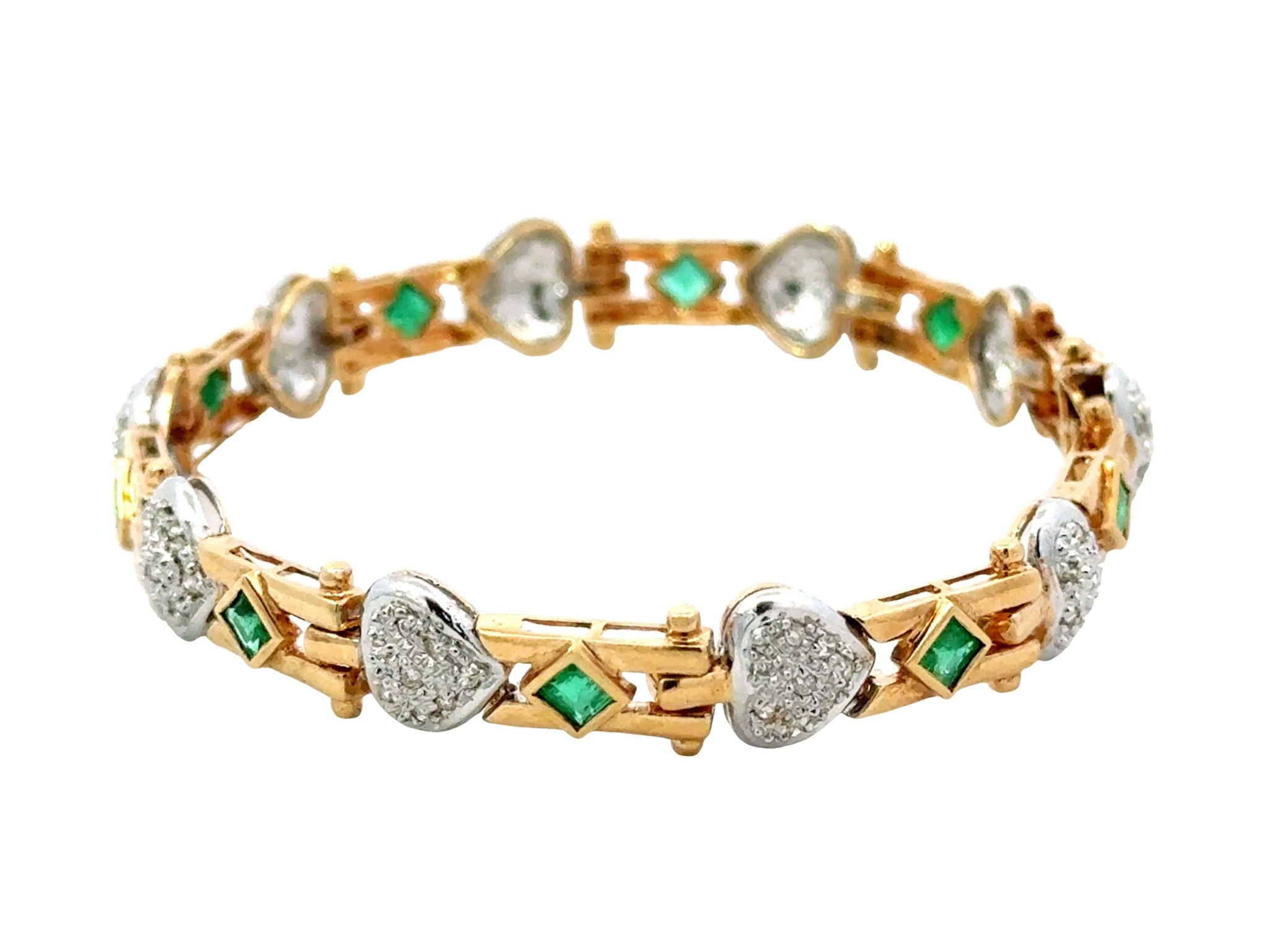 14k Yellow Gold Diamond Heart and Emerald Link Bracelet