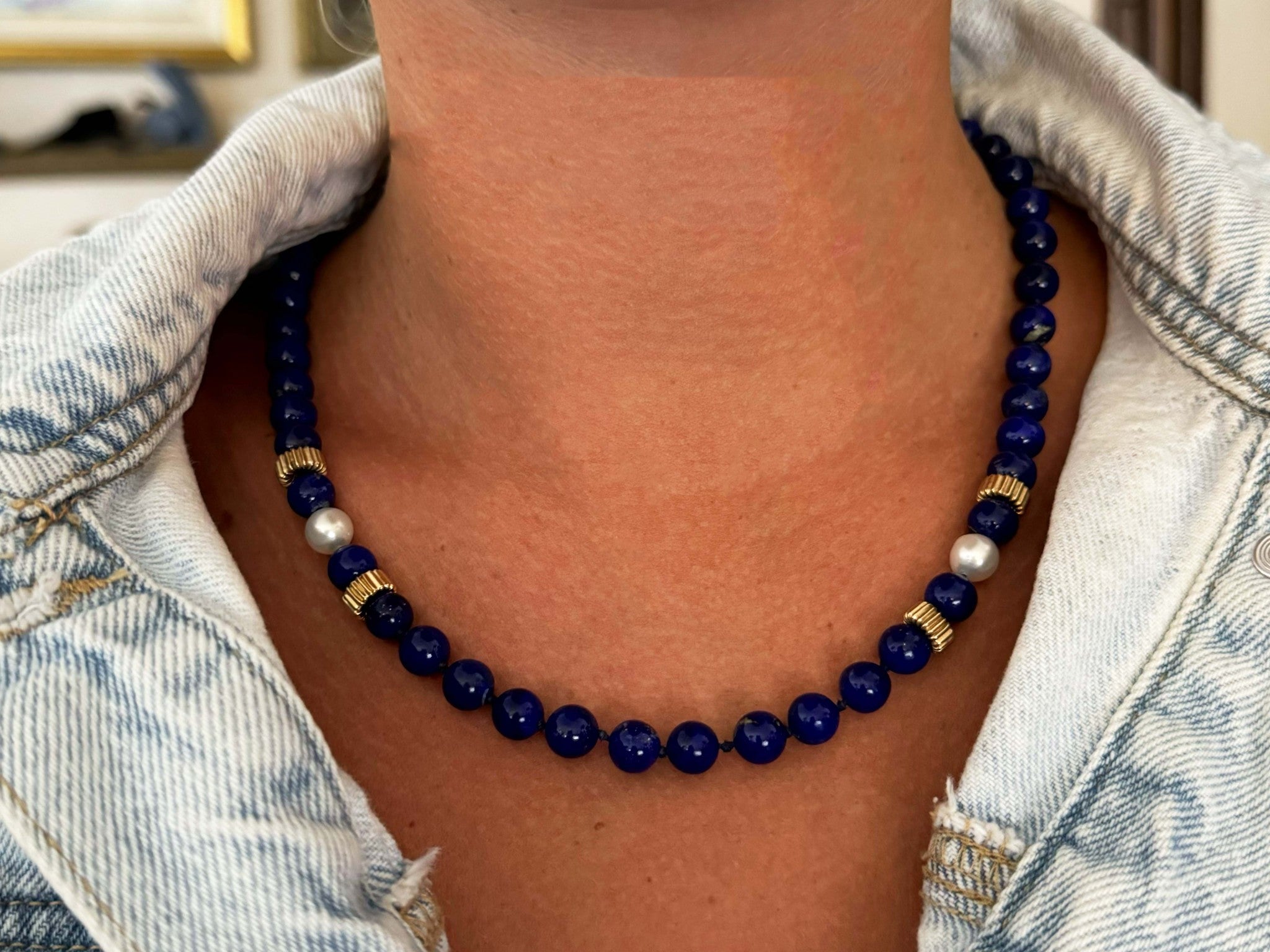 Lapis Lazuli and Pearl Necklace 14k Yellow Gold