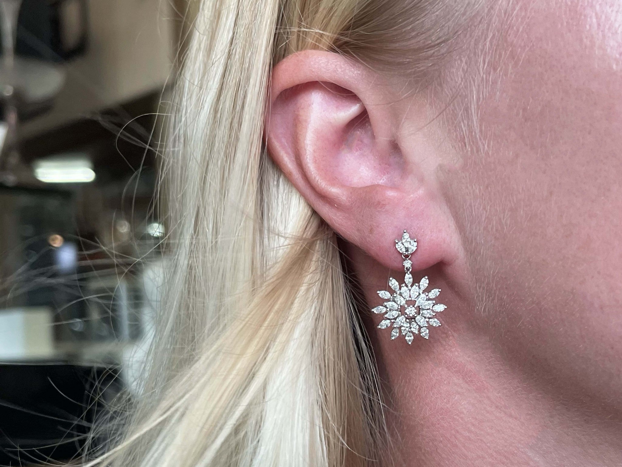 Dangly Diamond Snowflake Earrings 18k White Gold