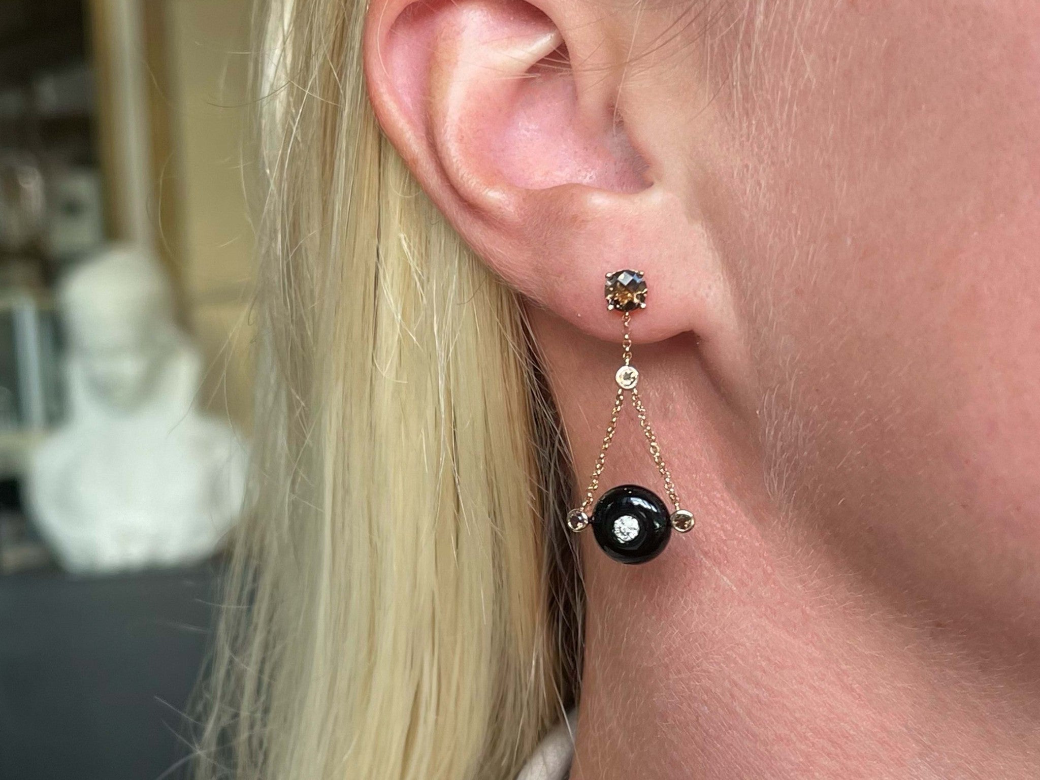 Round Black Agate Diamond and Smoky Topaz Dangly Earrings 14k Rose Gold