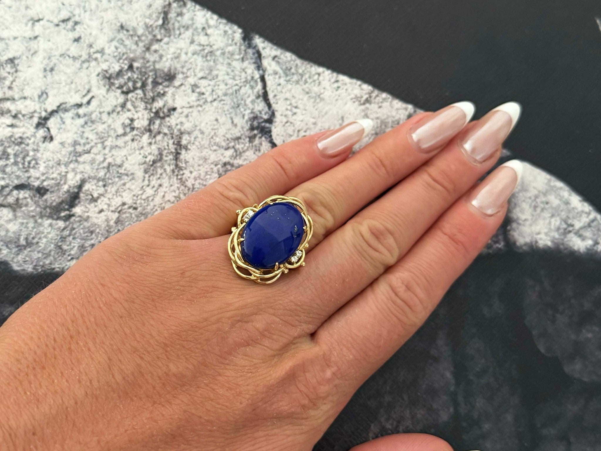 Large Oval Lapis Lazuli Diamond Cocktail Ring 14k Yellow Gold