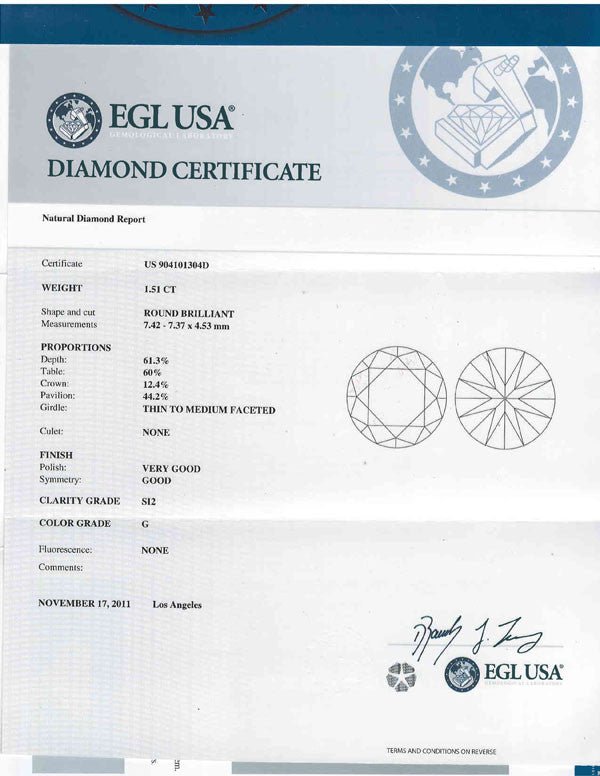 Round Cut Diamond EGL USA Certified 1.51ct G-SI2 – SOLITAIRE JEWELERS