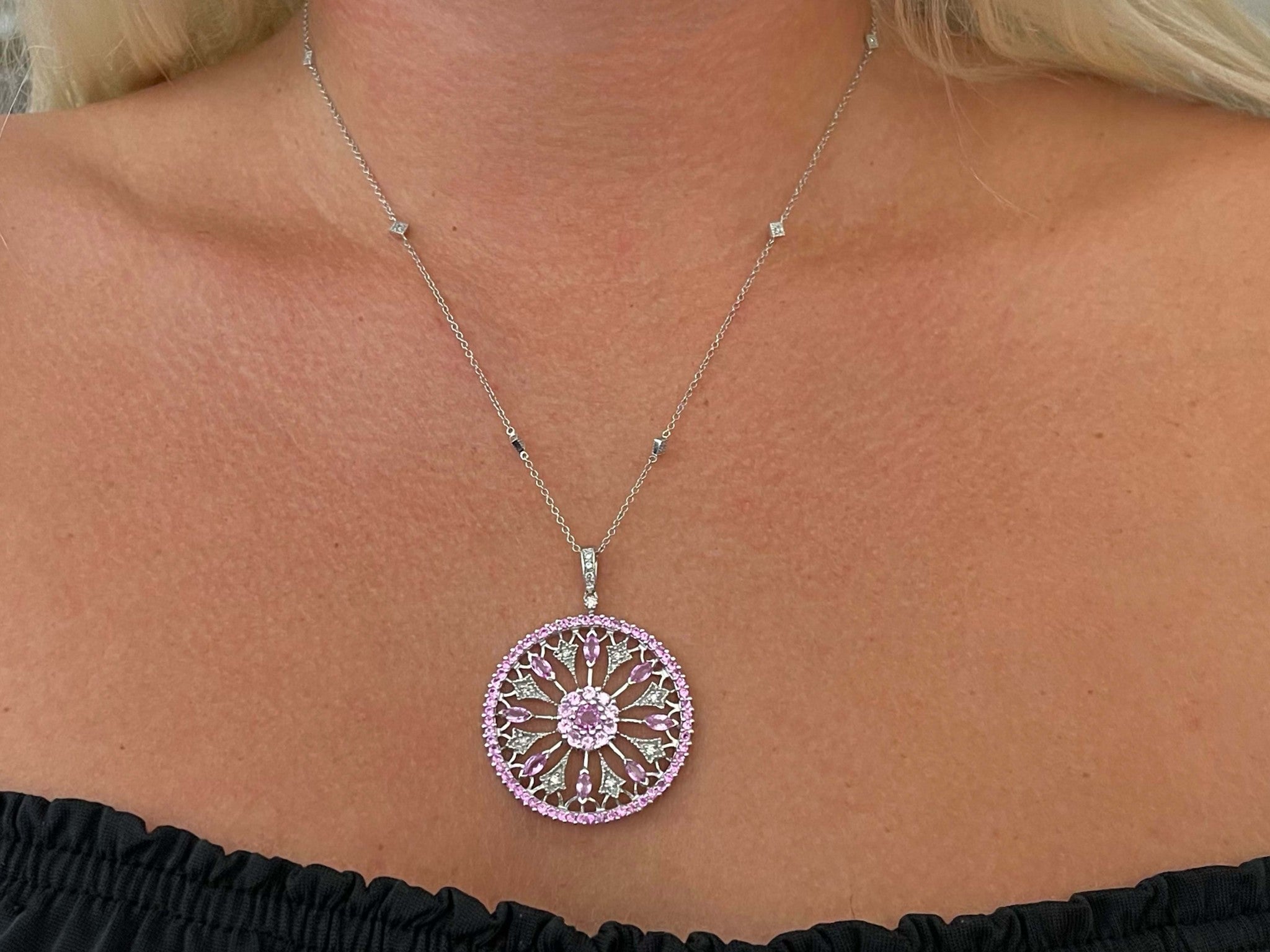 Pink Sapphire and Diamond Circle Pendant and Chain in 14k White Gold