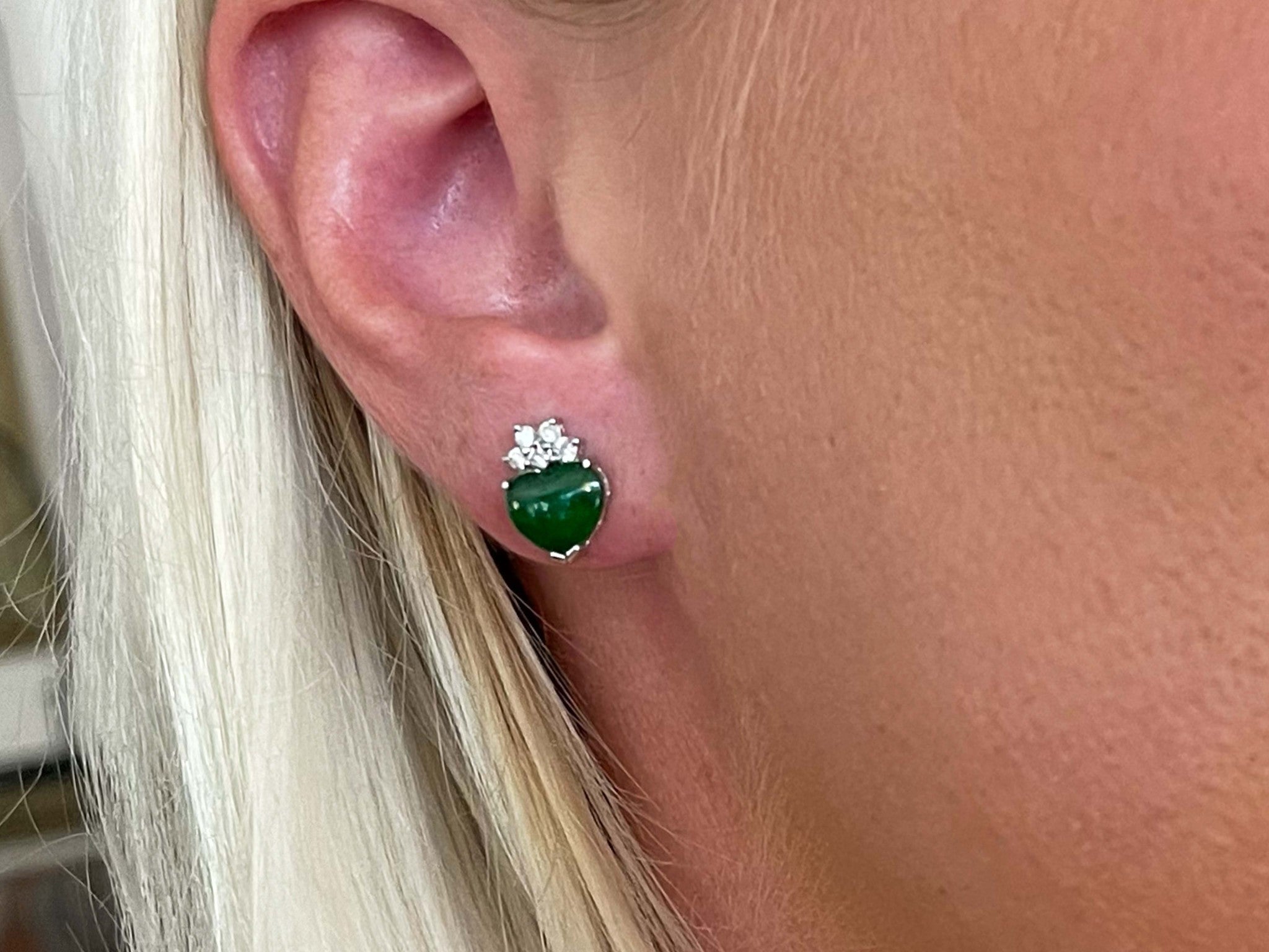 Imperial Jade Heart and Diamond Stud Earrings in 18K White Gold