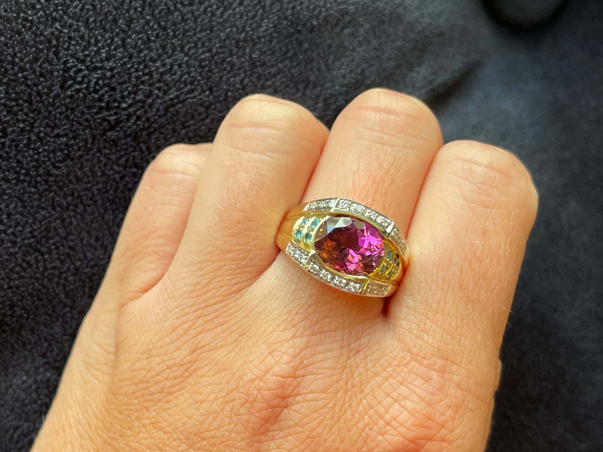 Pink Rubellite Garnet, Blue Paraiba Tourmaline, Diamond Ring in 14k Yellow Gold