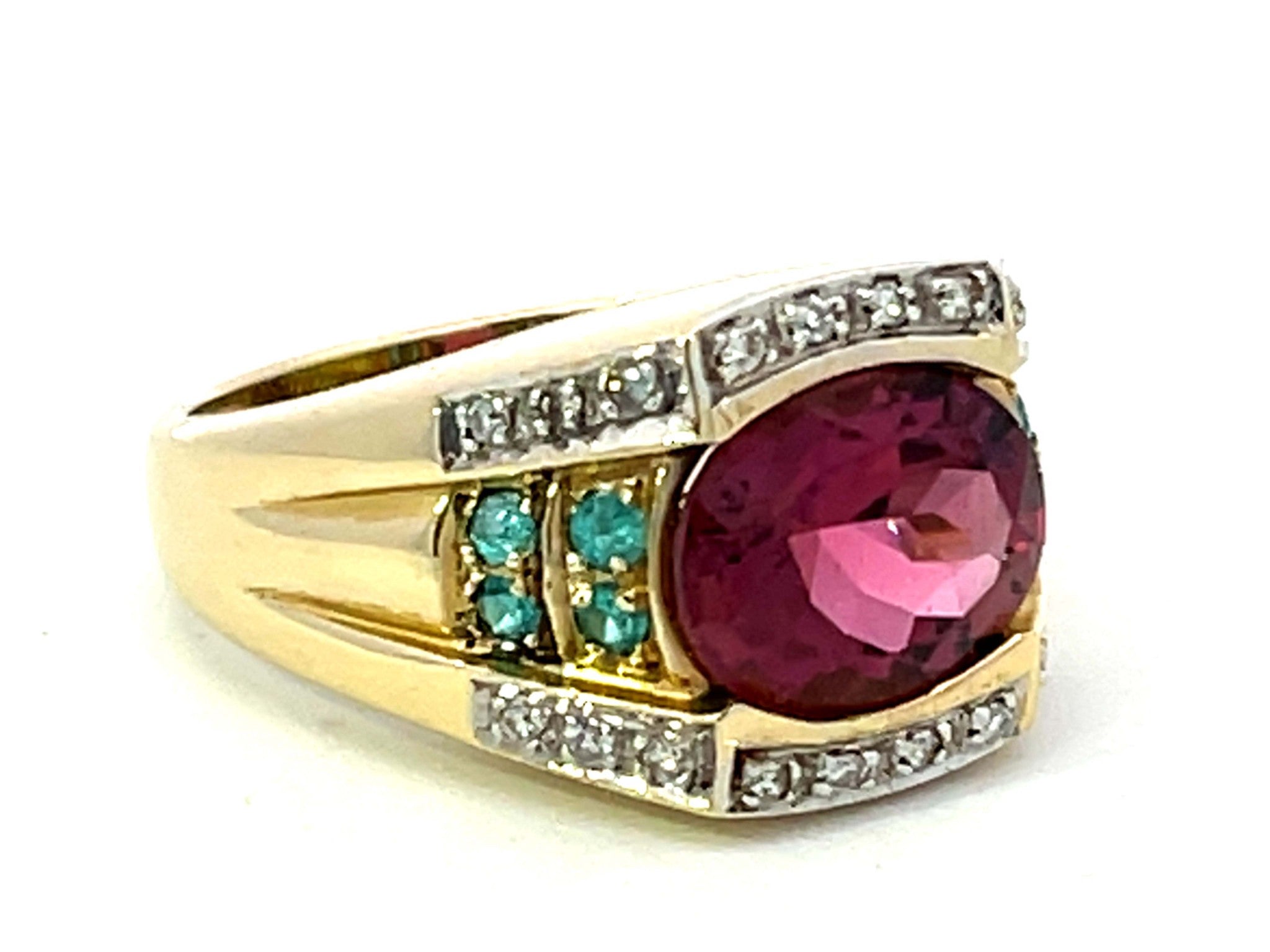 Pink Rubellite Garnet, Blue Paraiba Tourmaline, Diamond Ring in 14k Yellow Gold