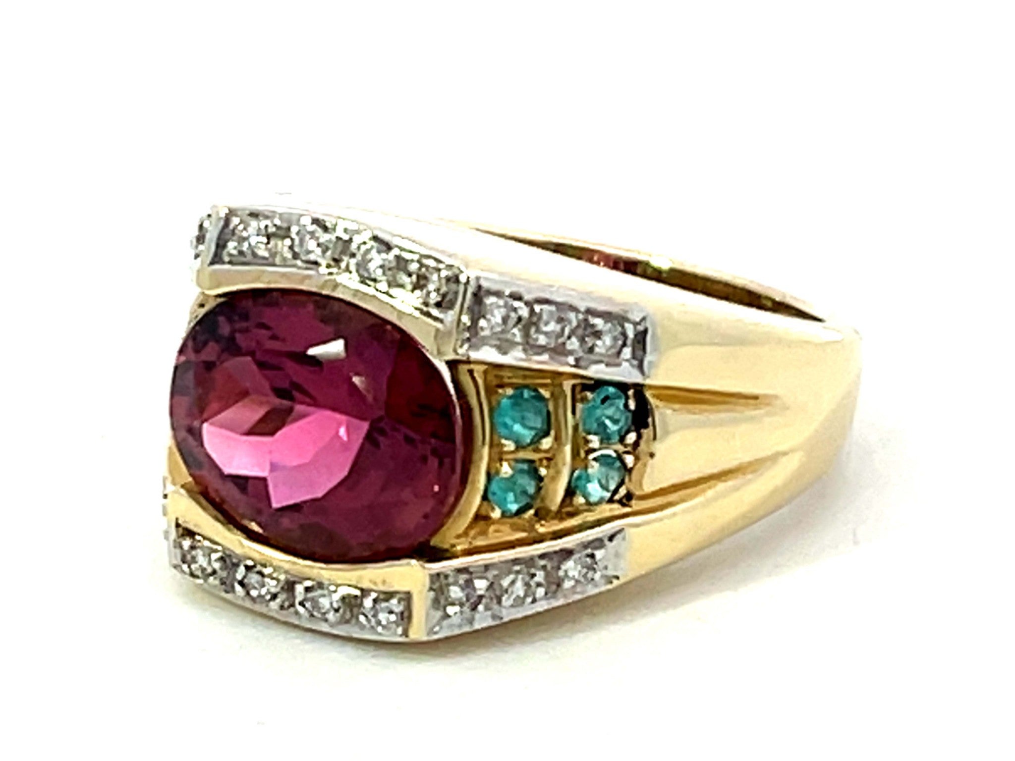 Pink Rubellite Garnet, Blue Paraiba Tourmaline, Diamond Ring in 14k Yellow Gold