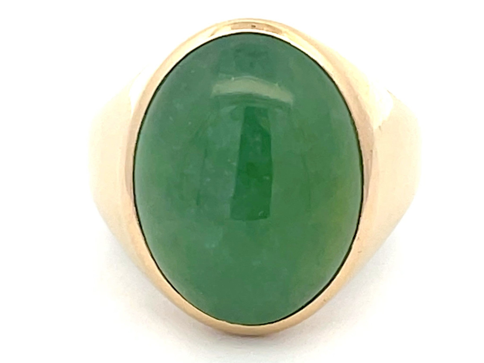 21 Carat Oval Cabochon Green Jade Ring in 14K Yellow Gold