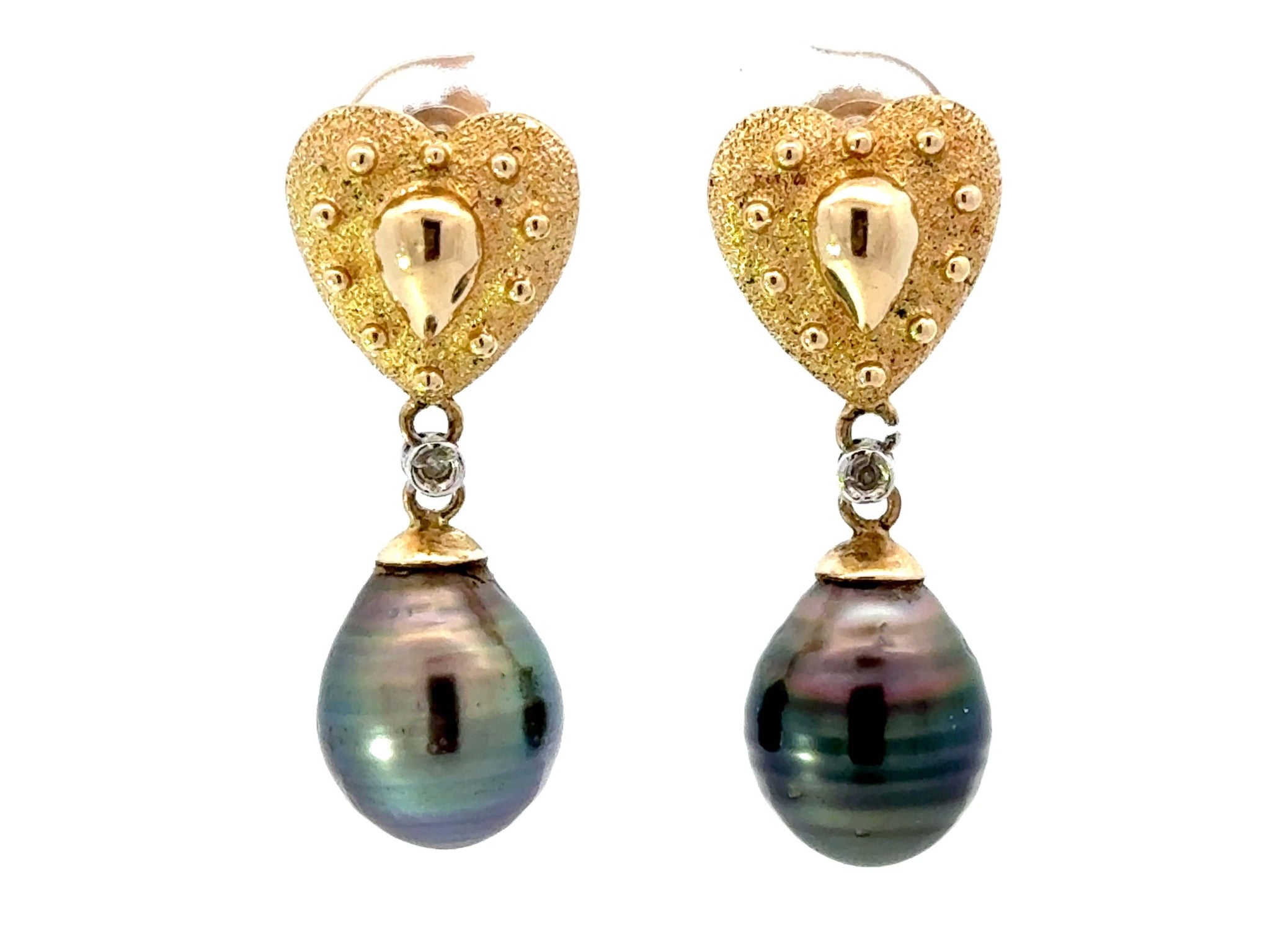 Tahitian Pearl and Yellow Gold Heart Earrings 14K Yellow Gold