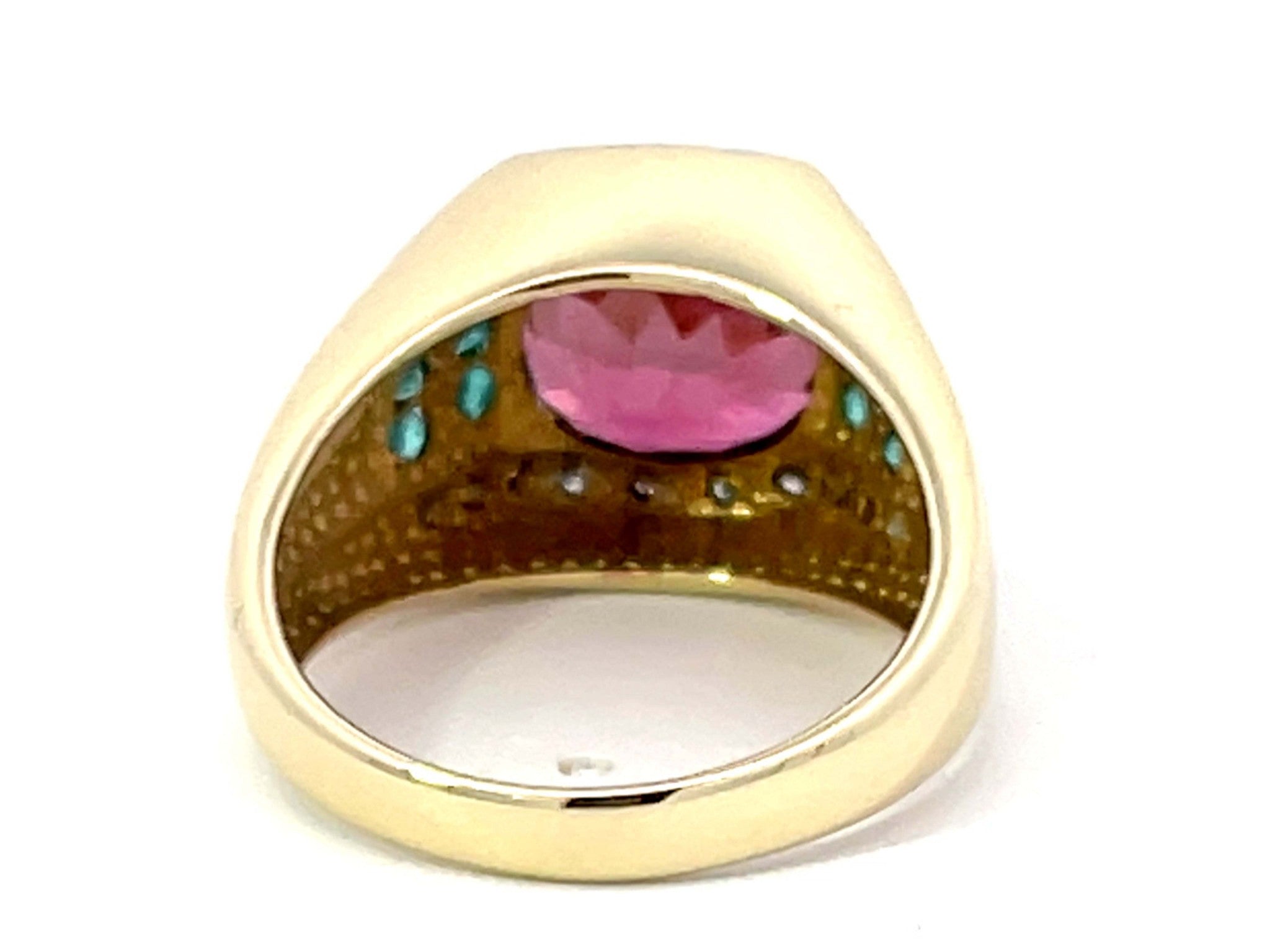 Pink Rubellite Garnet, Blue Paraiba Tourmaline, Diamond Ring in 14k Yellow Gold