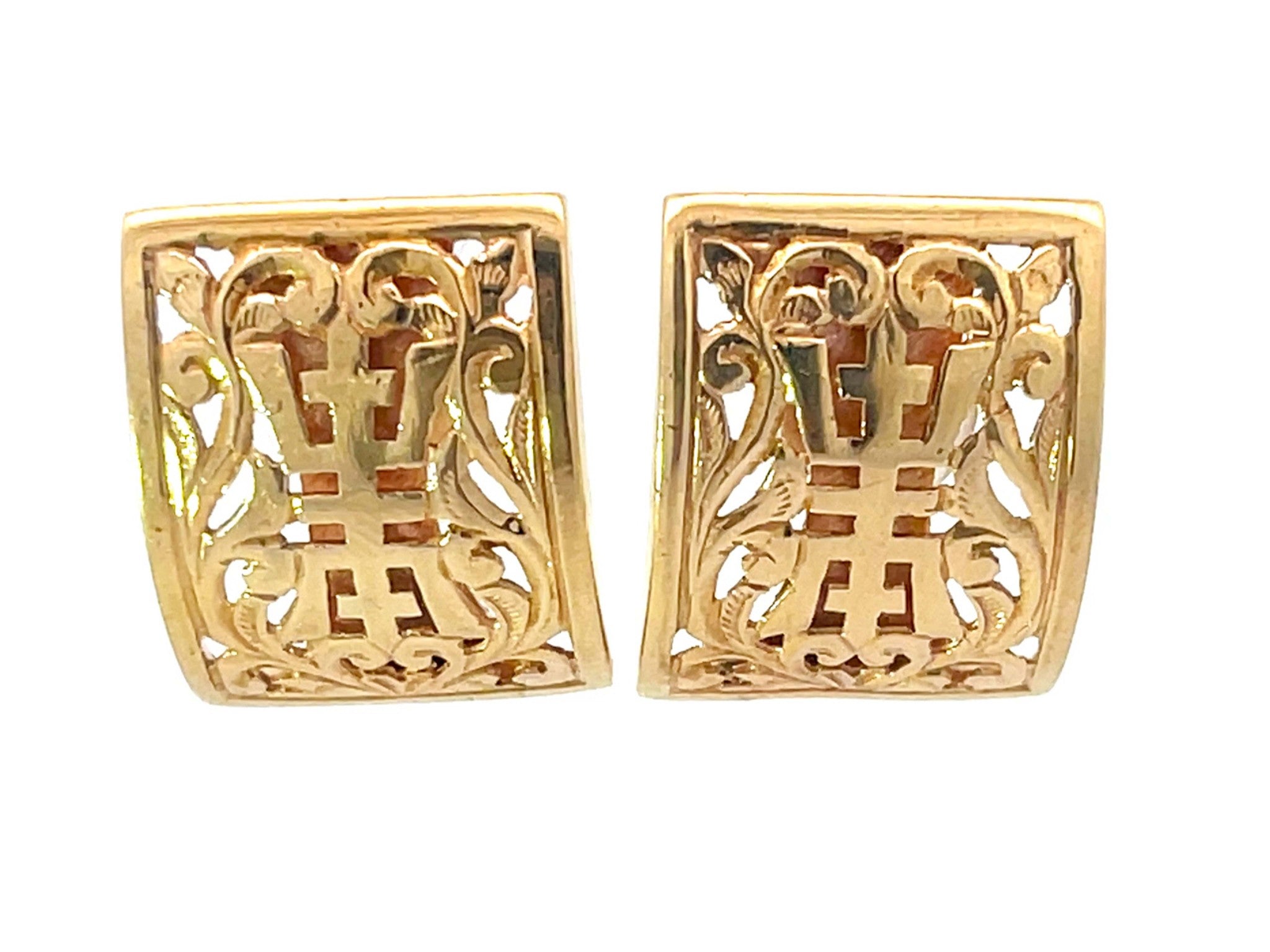 Mings Hawaii Pierced Longevity Rectangle Earrings in 14k Yellow Gold