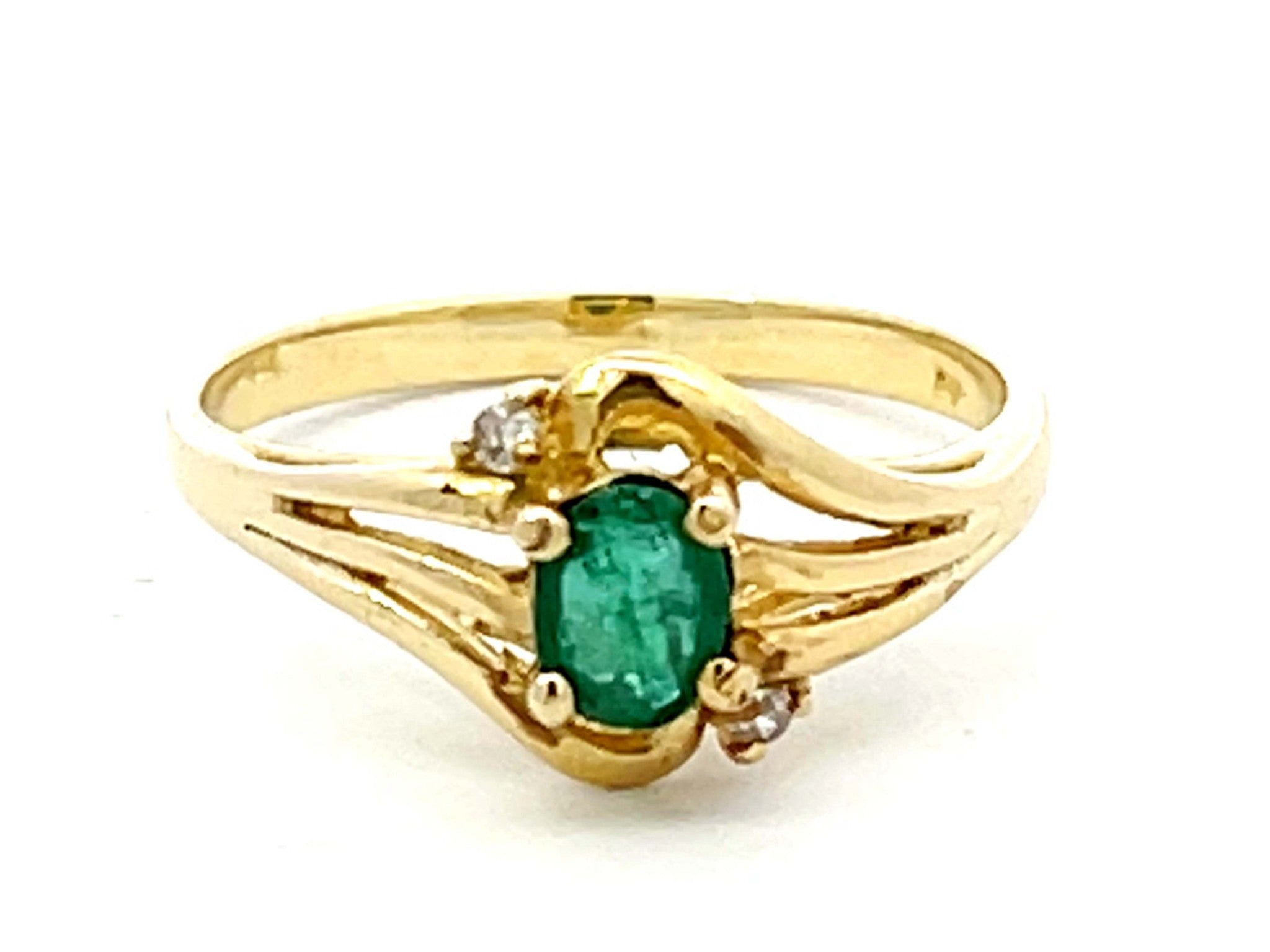 Oval Green Emerald and 2 Diamond Stackable Ring in 14k Yellow Gold