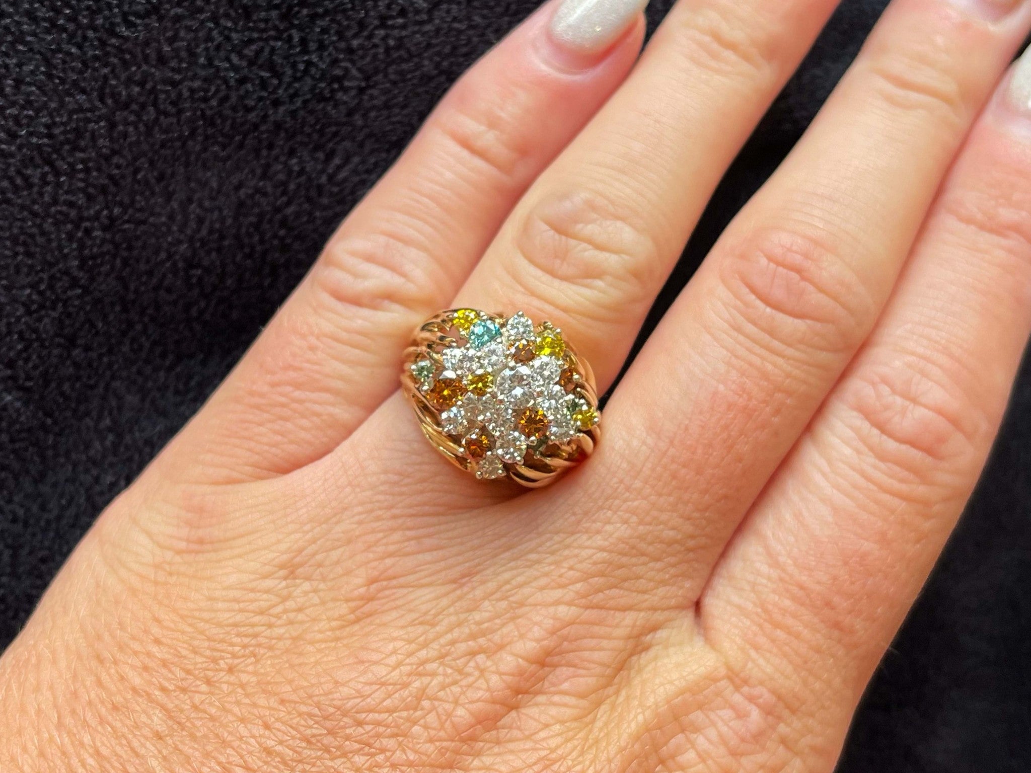 Multicolored Diamond Cluster Ring in 18k Yellow Gold