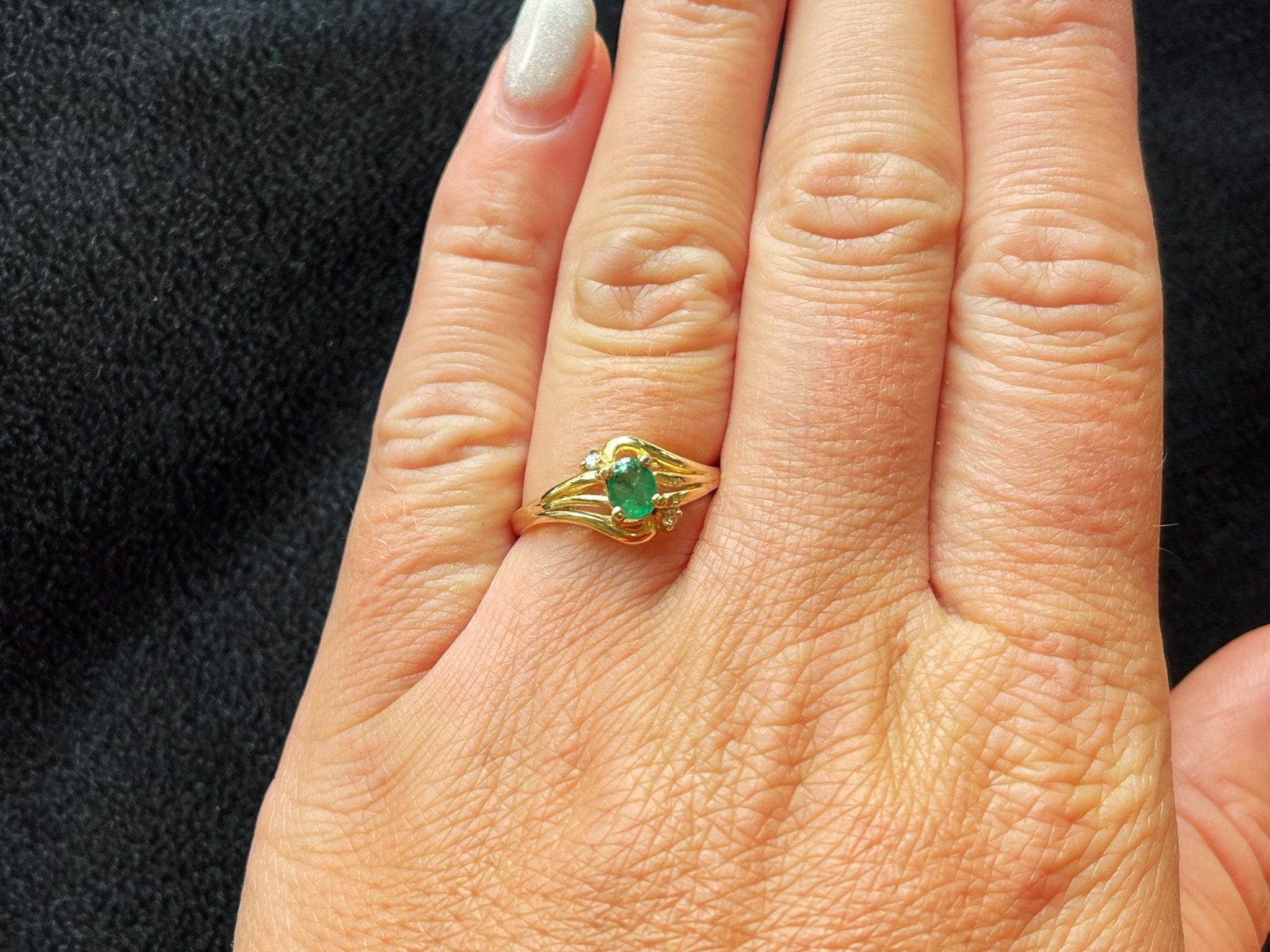 Oval Green Emerald and 2 Diamond Stackable Ring in 14k Yellow Gold