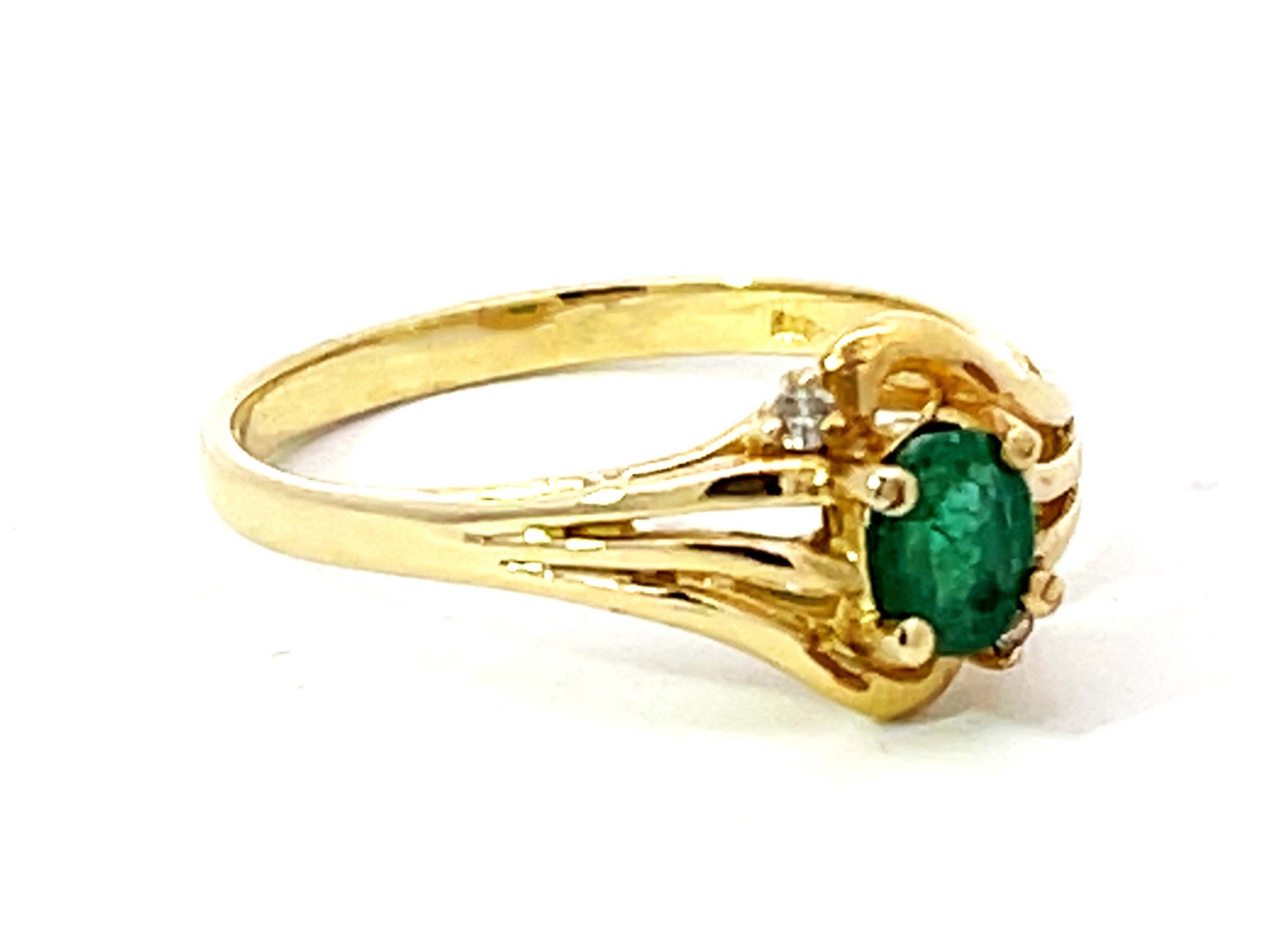 Oval Green Emerald and 2 Diamond Stackable Ring in 14k Yellow Gold