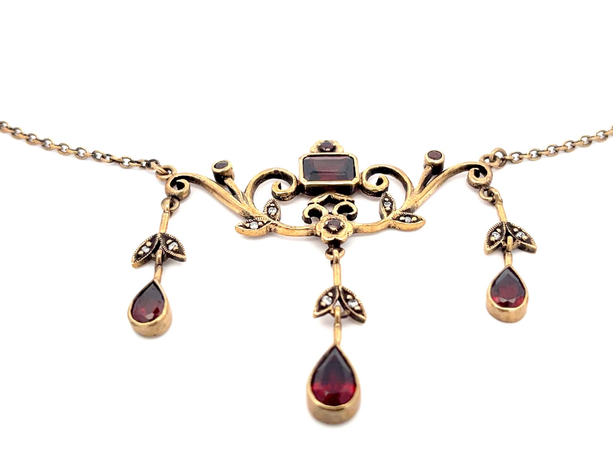 Renaissance Diamond and Red Garnet Dangly Necklace 9k Rose Gold