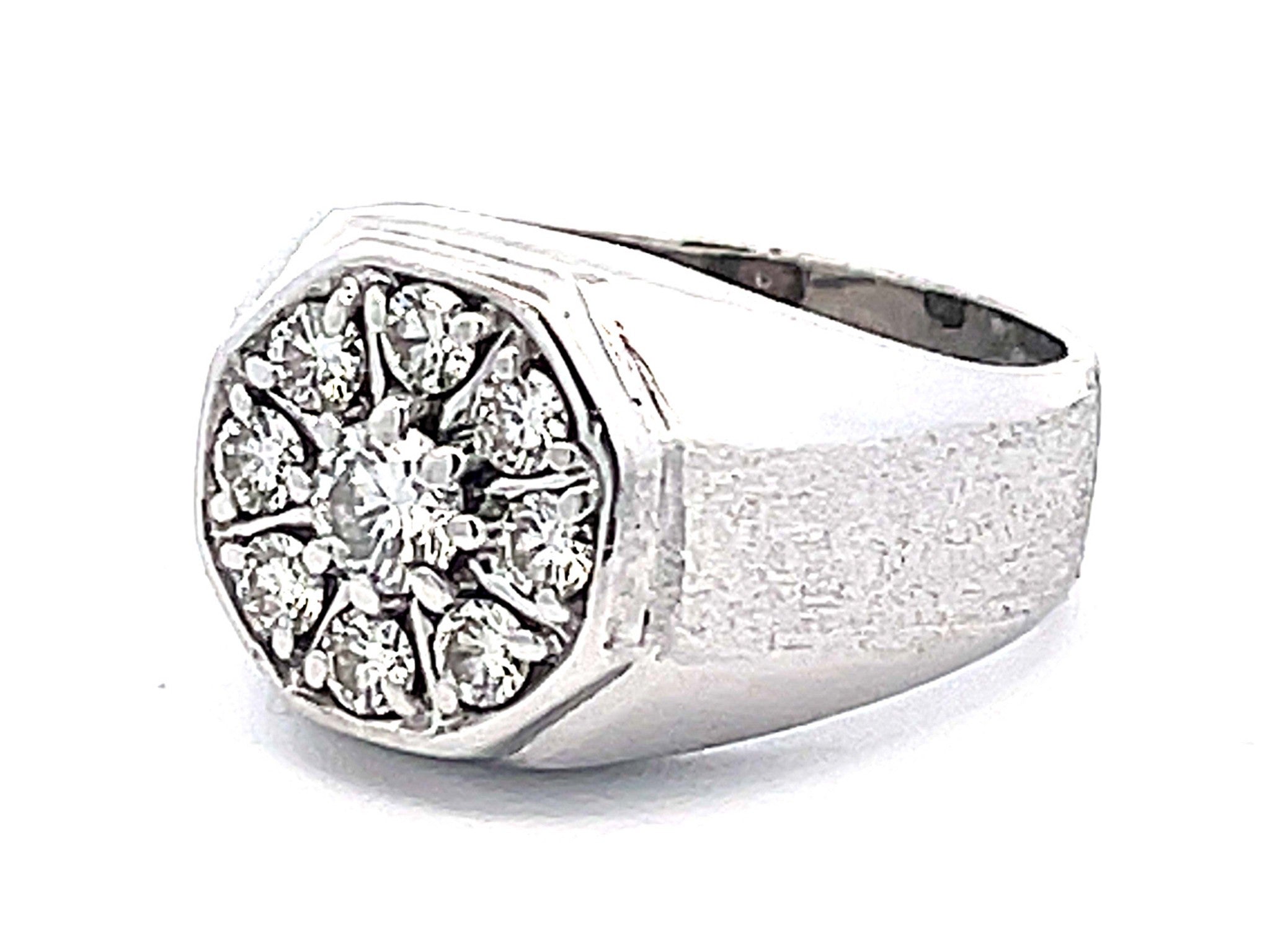 Mens Round Diamond Cluster Center Ring with Textured Shoulders in 14k White Gold