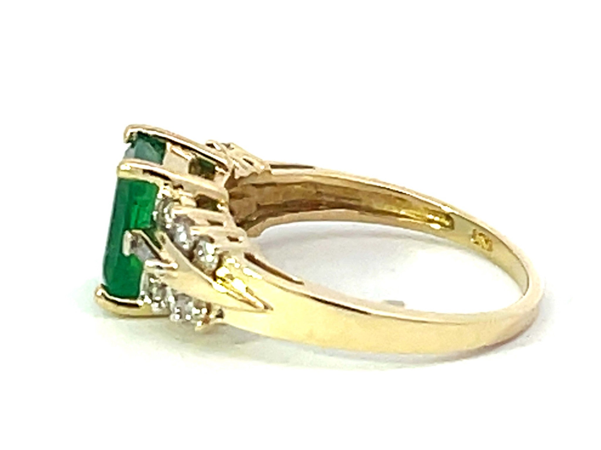 Rectangular Green Emerald and Diamond Band Ring in 14k Yellow Gold