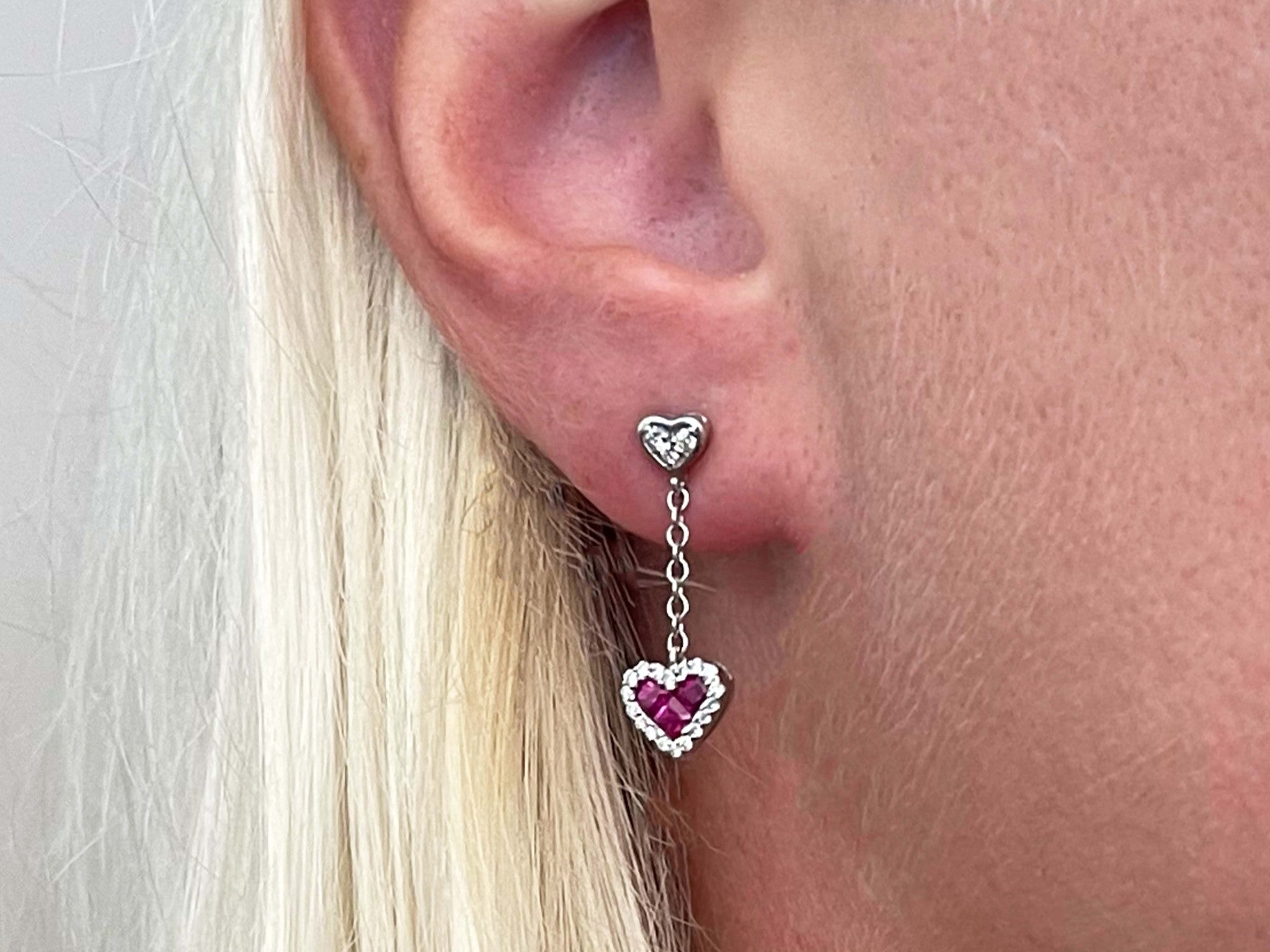 Ruby Heart Diamond Dangling Earrings in 14k White Gold