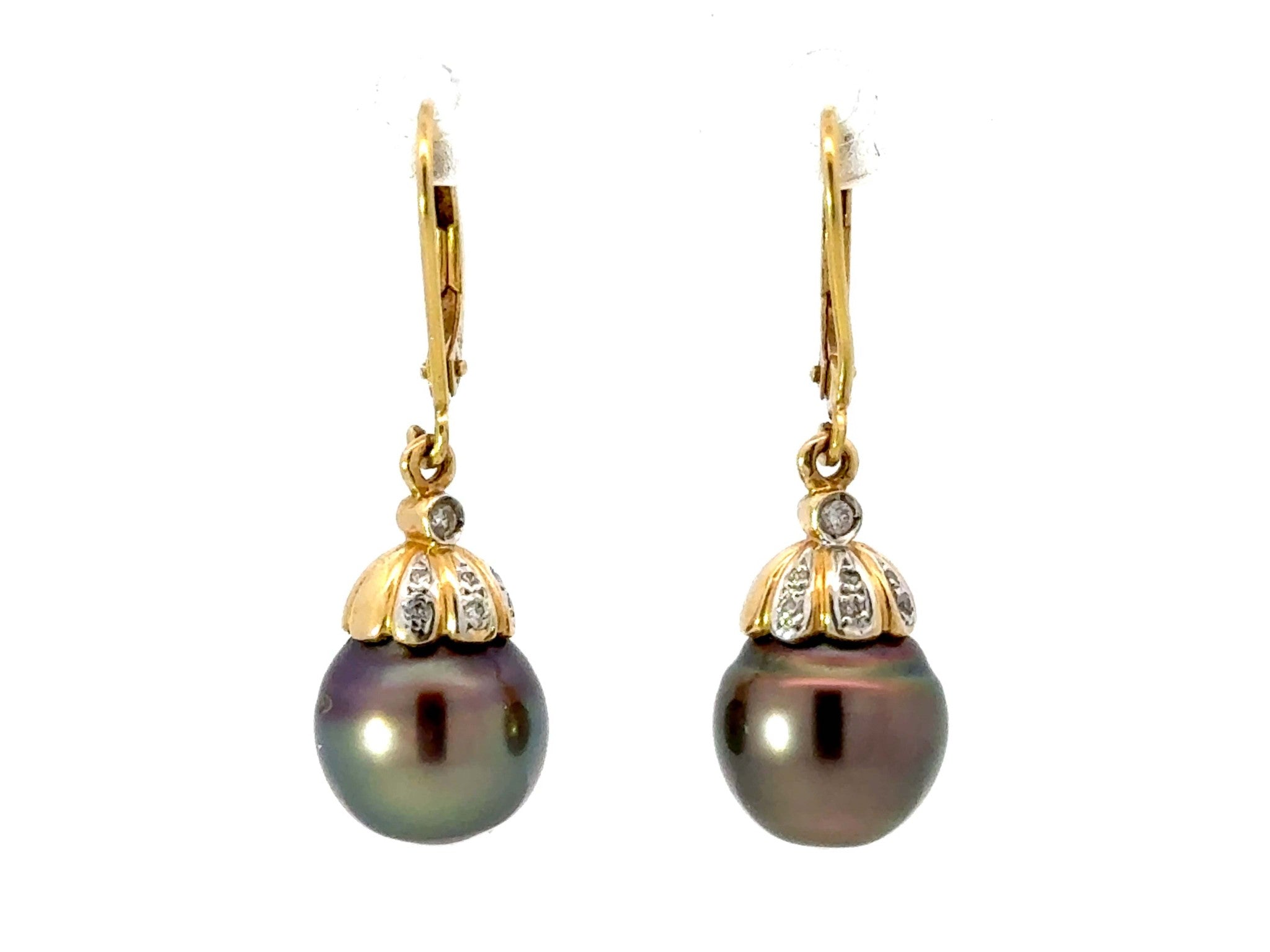 Round Tahitian Pearl and Diamond Dangly Earrings 18K Yellow Gold