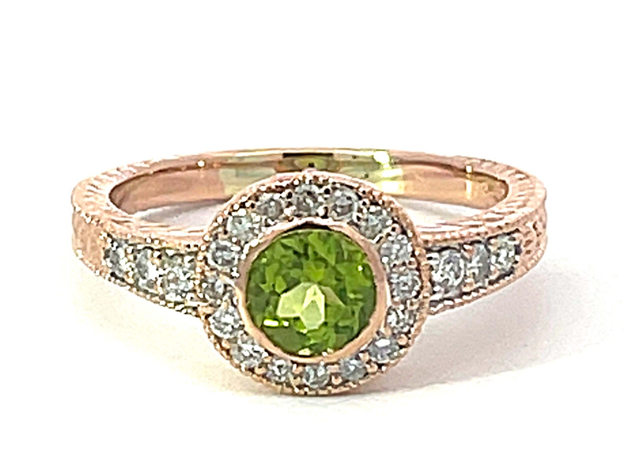 Round Green Peridot and Diamond Halo Ring in 14k Pink Gold