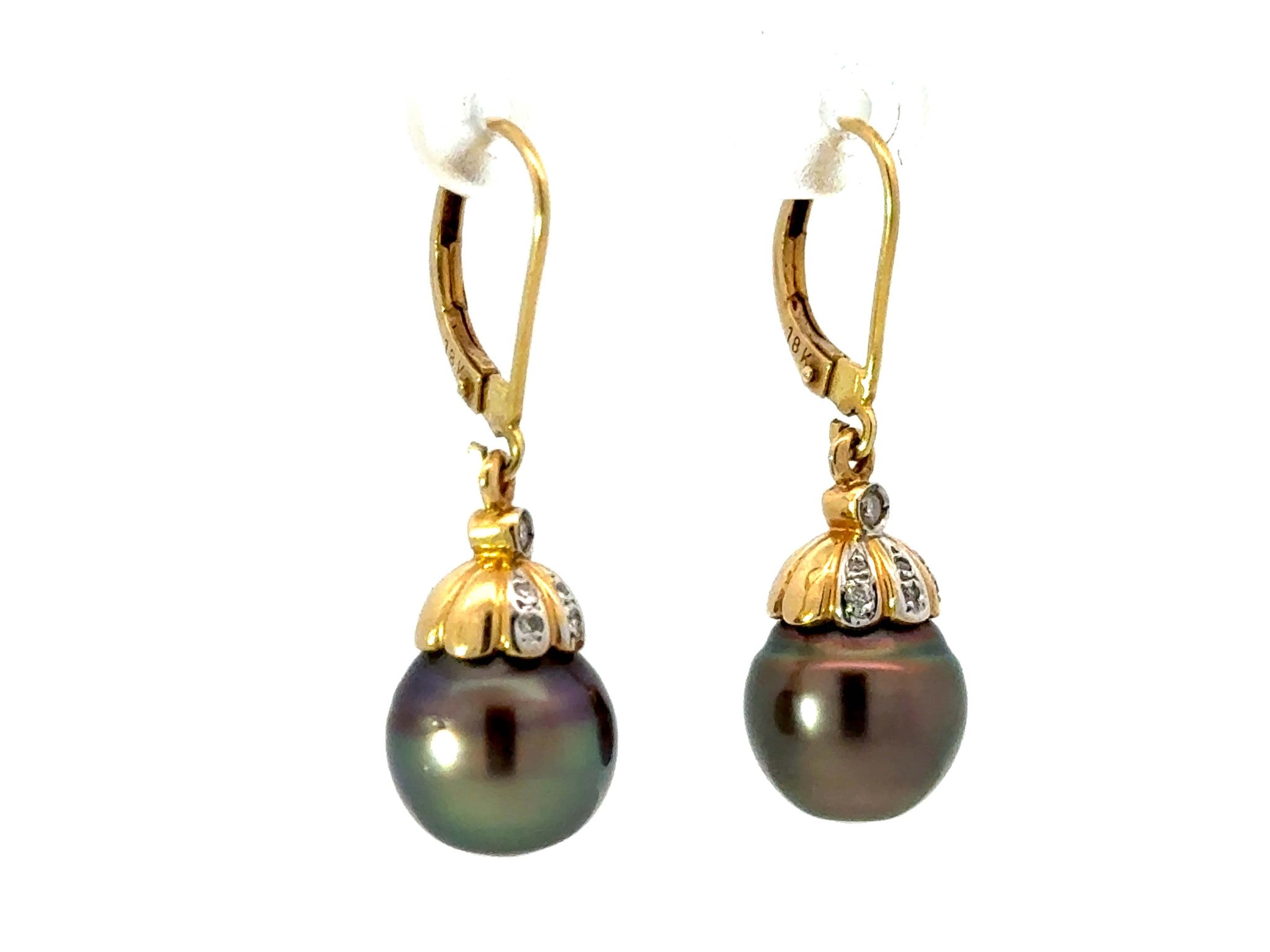 Round Tahitian Pearl and Diamond Dangly Earrings 18K Yellow Gold