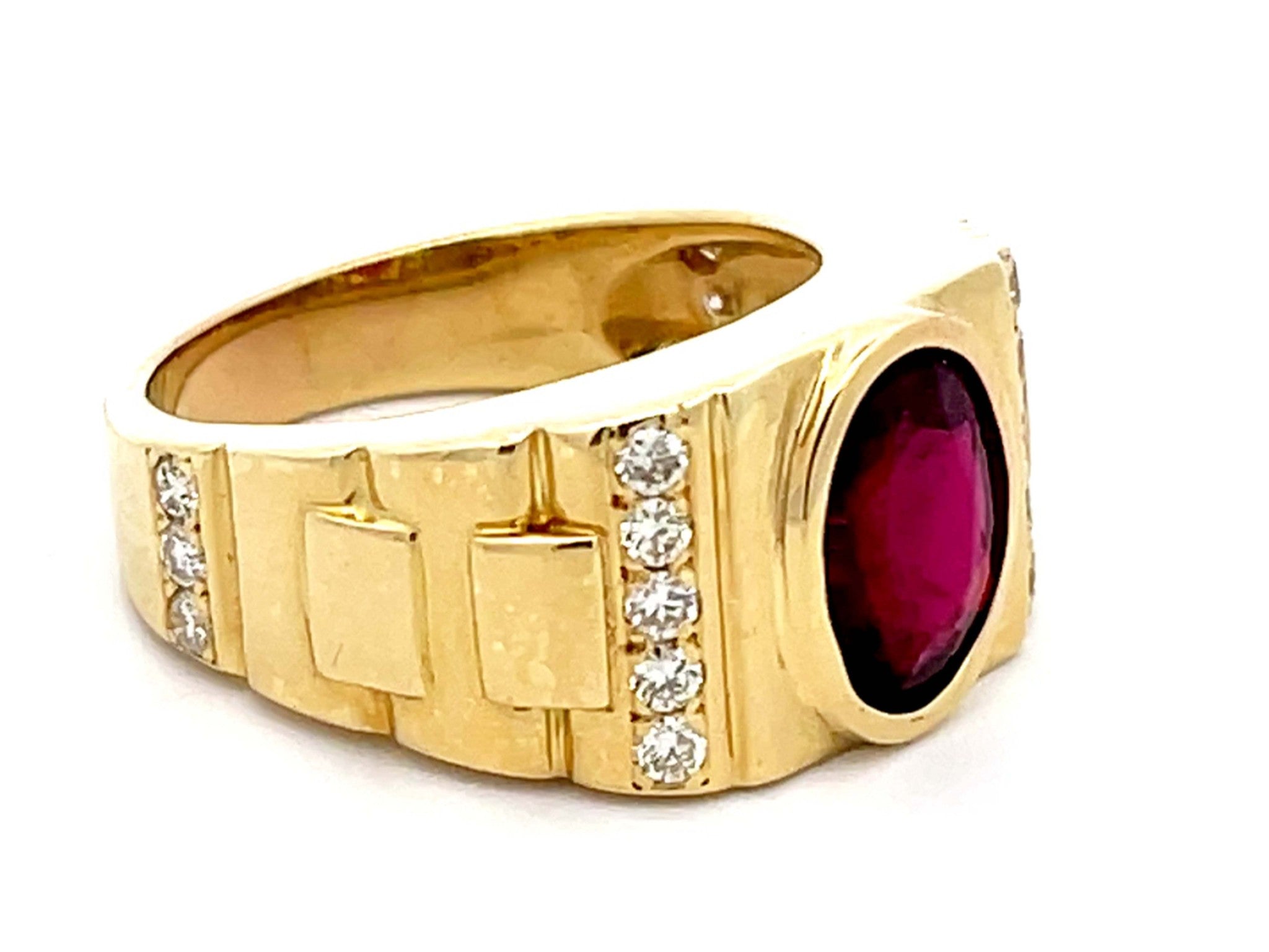 Mens GIA Red Rubellite Tourmaline and Diamond Ring 18k Yellow Gold