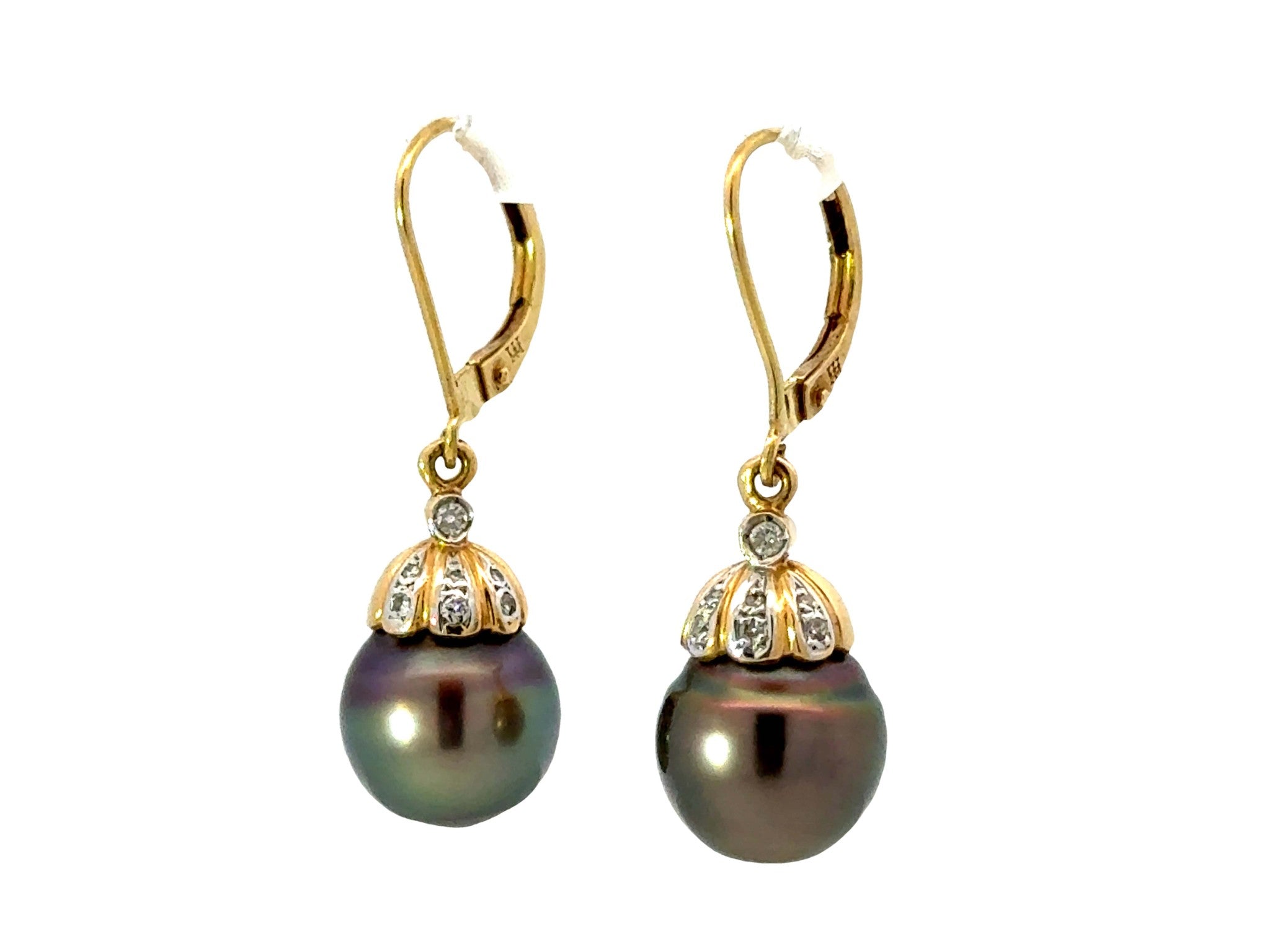 Round Tahitian Pearl and Diamond Dangly Earrings 18K Yellow Gold