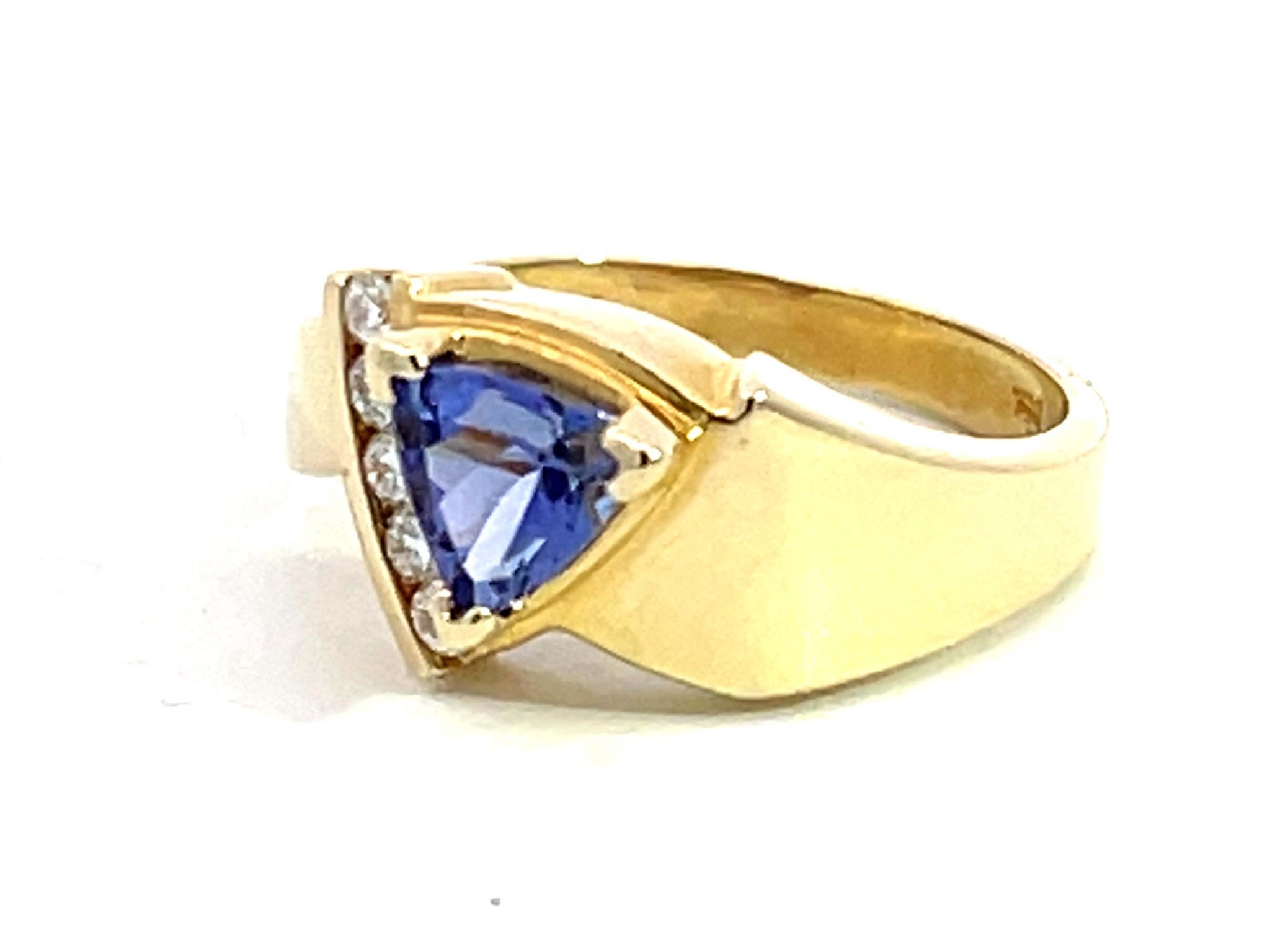 Trillion Blue Purple Tanzanite and 5 Diamond Ring in 14k Yellow Gold