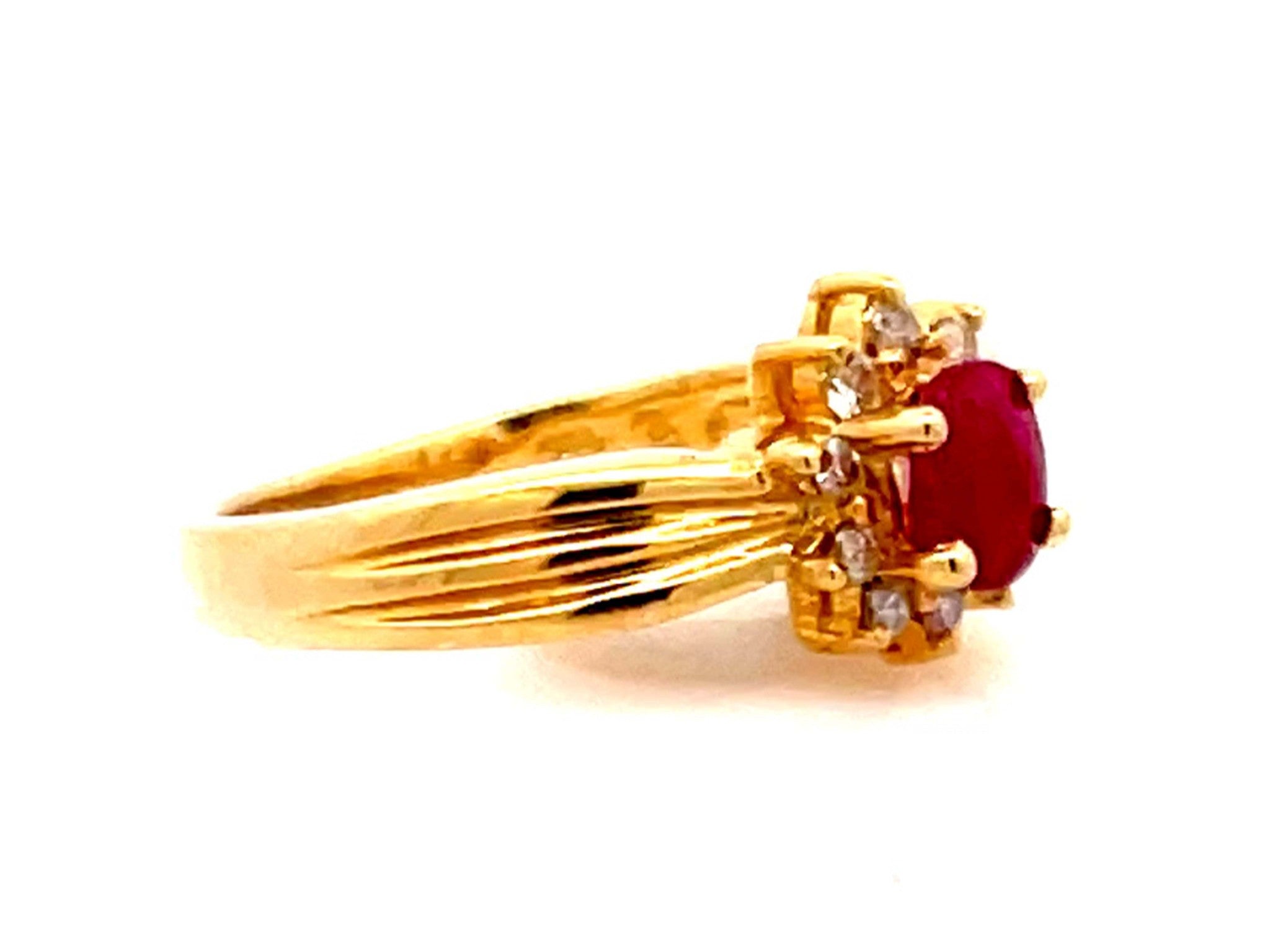 Vintage Ruby and Diamond Flower Ring in 14k Yellow Gold