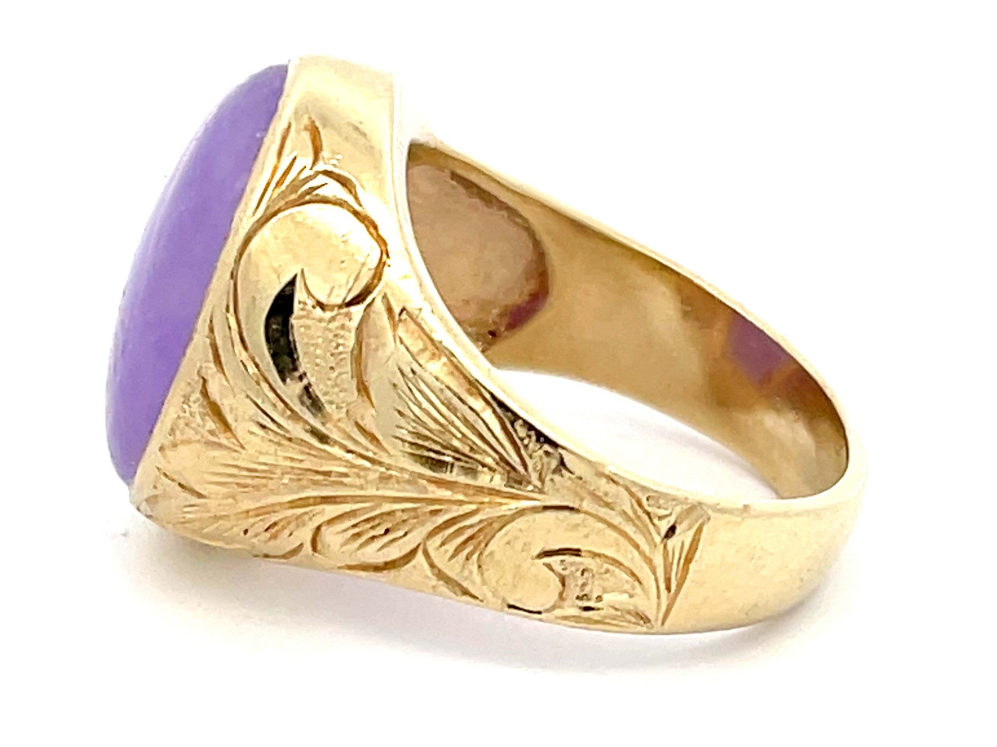 Purple Jade Cabochon Ring with Leaf Design in 14k Yellow Gold