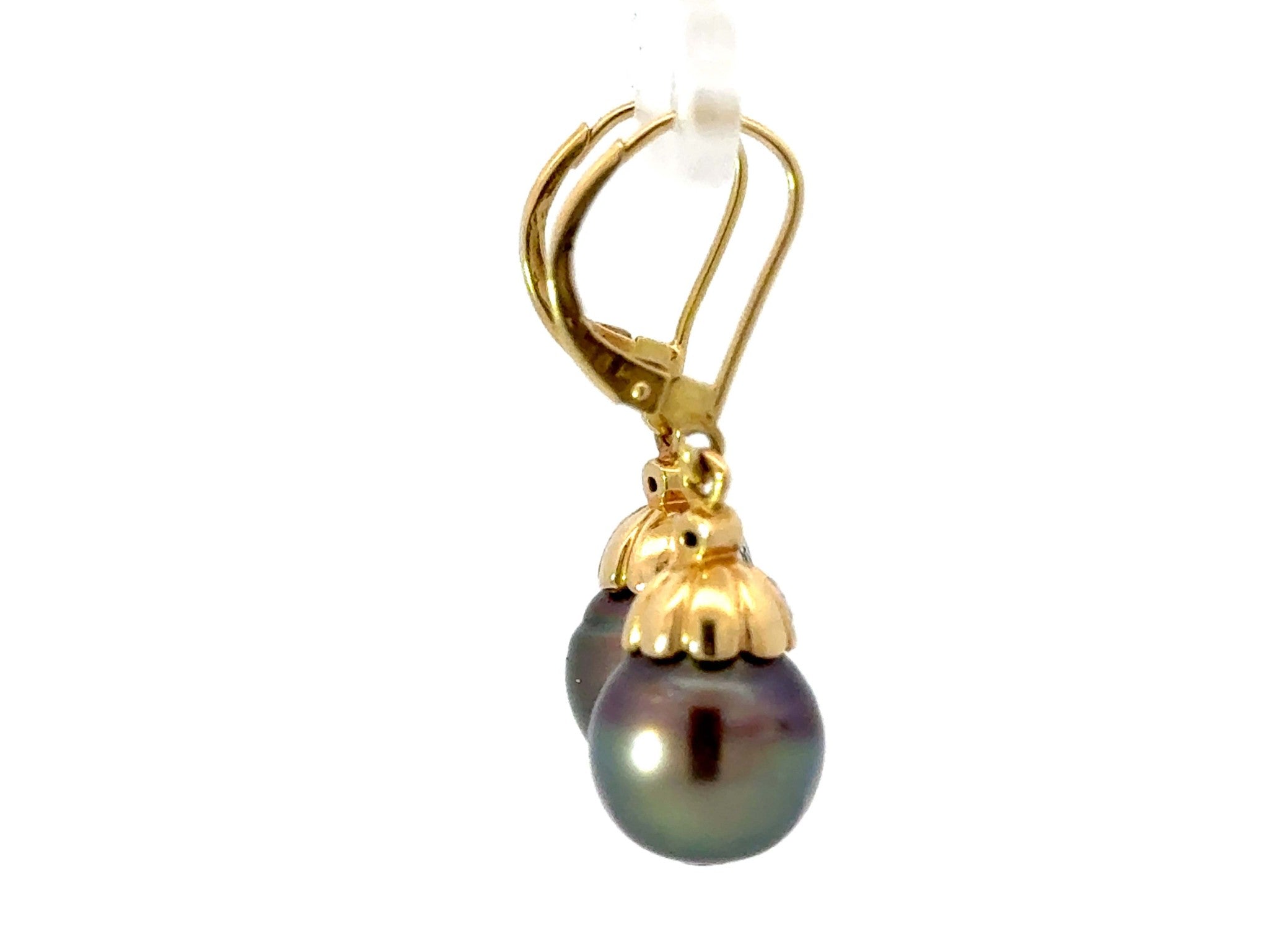 Round Tahitian Pearl and Diamond Dangly Earrings 18K Yellow Gold