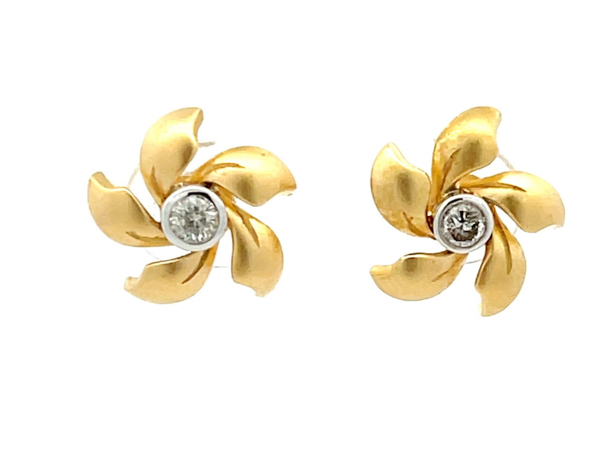 Flower and Diamond Stud Earrings in Satin Finish 14K Yellow Gold