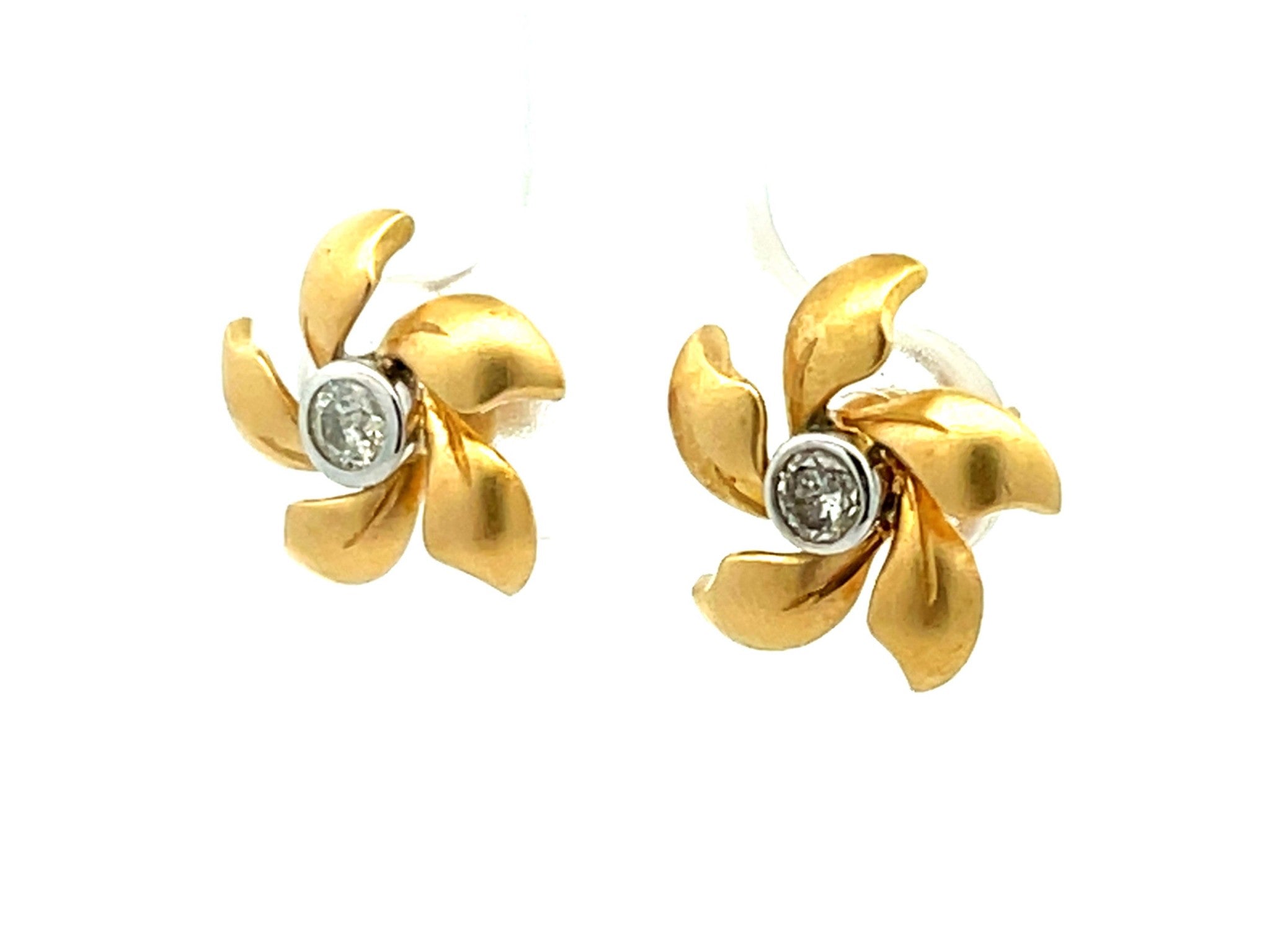 Flower and Diamond Stud Earrings in Satin Finish 14K Yellow Gold