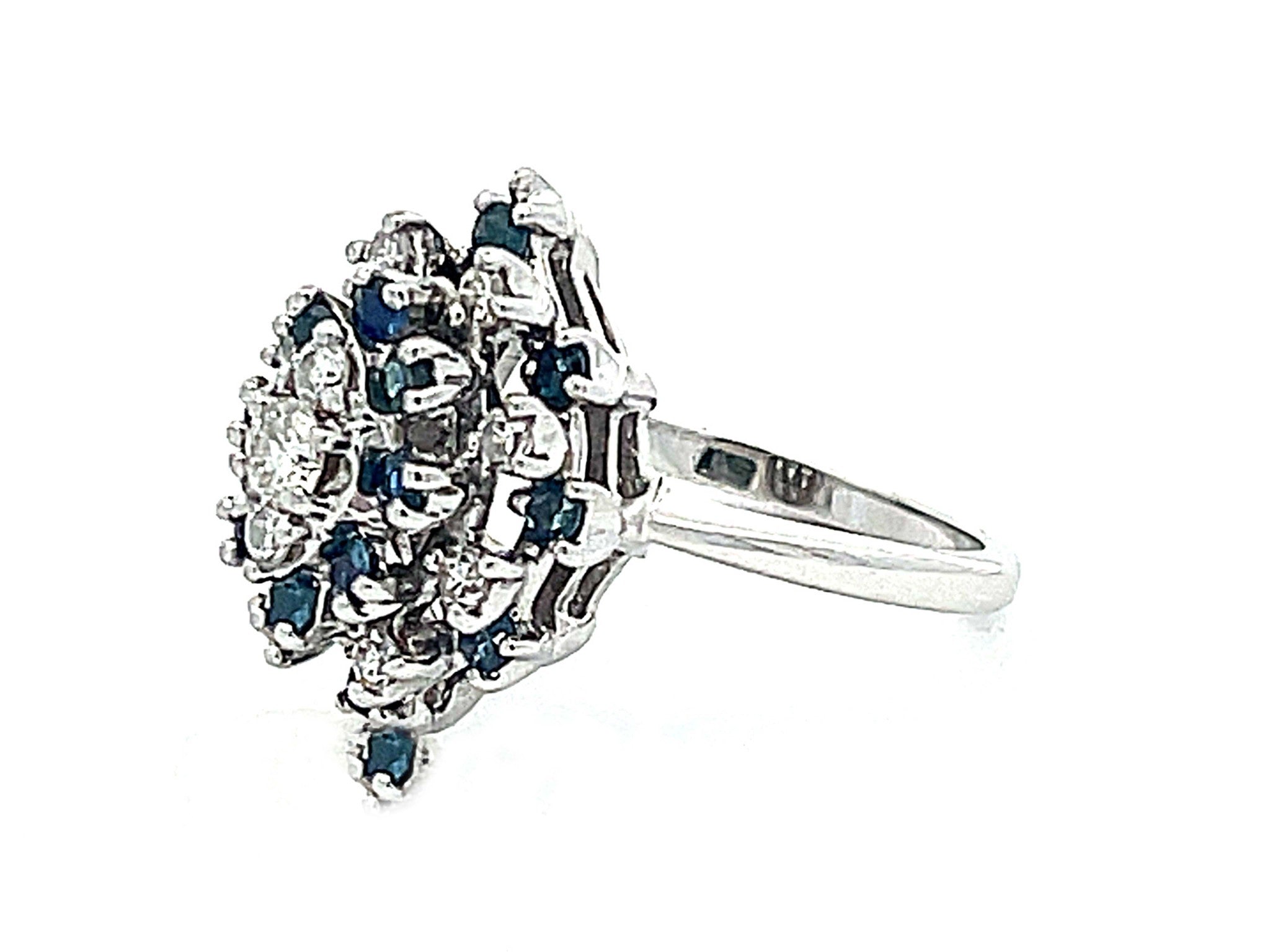 Marquise Shaped Sapphire Diamond Cluster Ring in 14k White Gold