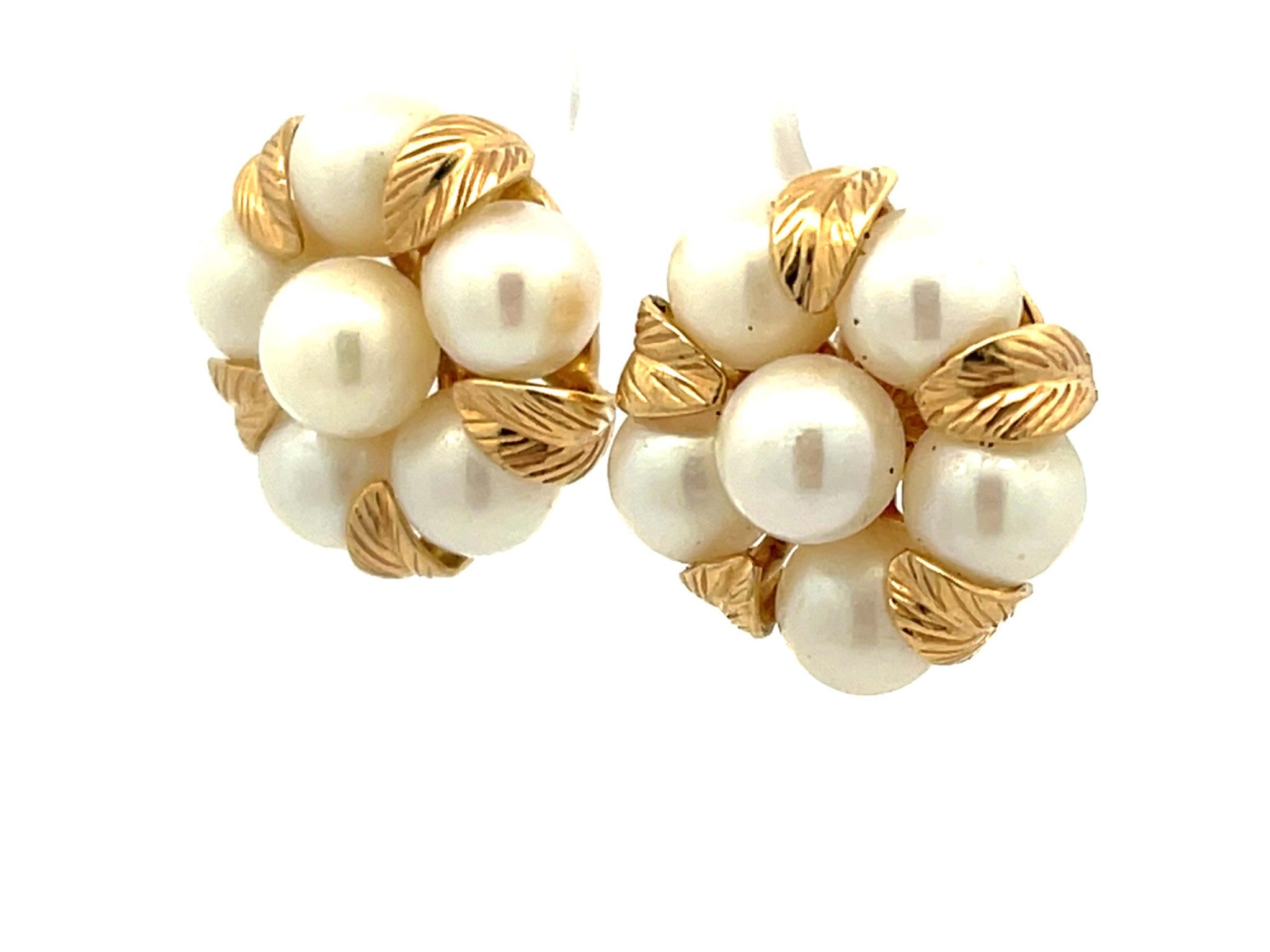 Mings Pearl Flower and Gold Leaf Earrings in 14k Yellow Gold