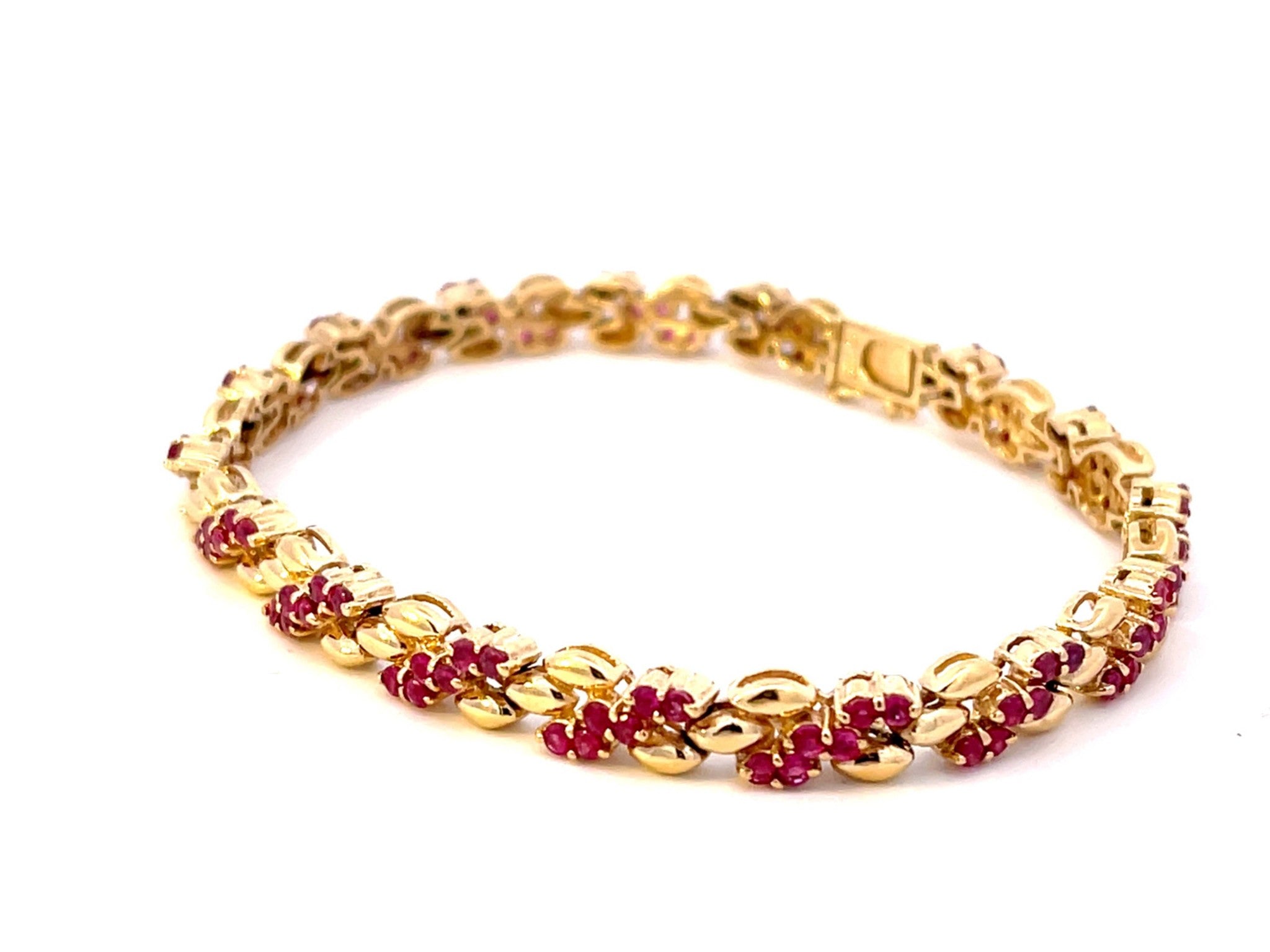 Round Red Ruby Gold Link Bracelet in 14k Yellow Gold