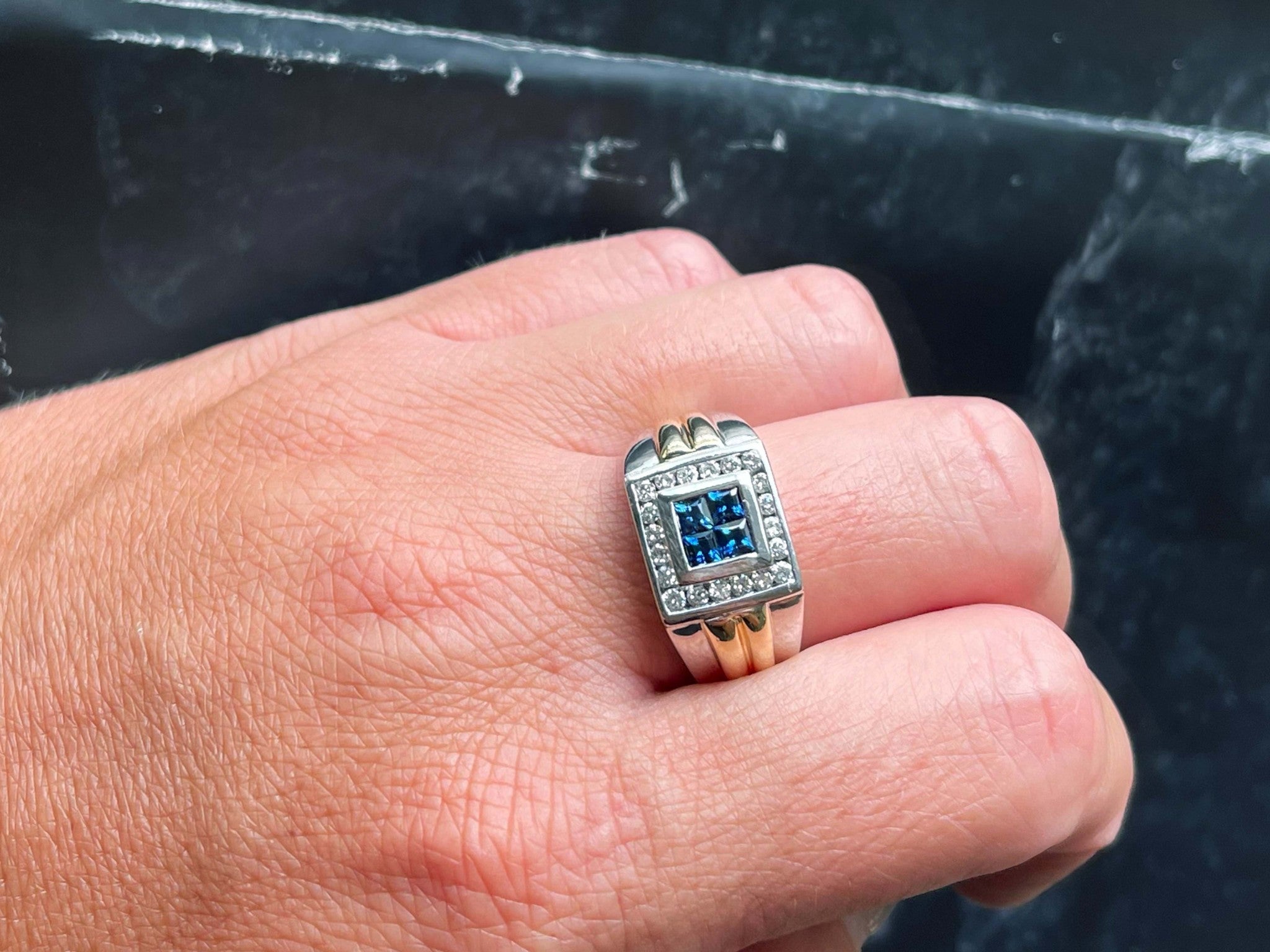 Mens Princess Cut 4 Sapphire Center and Diamond Halo Ring in 14k Gold