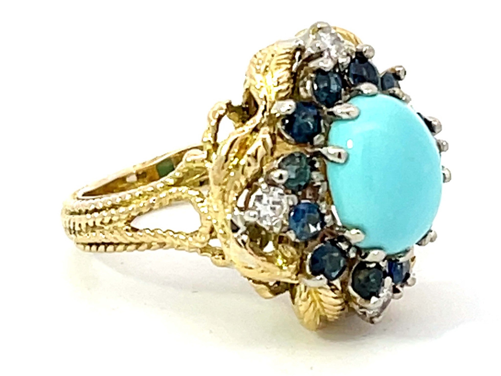 Vintage Turquoise Sapphire and Diamond Ring in 18k Yellow Gold