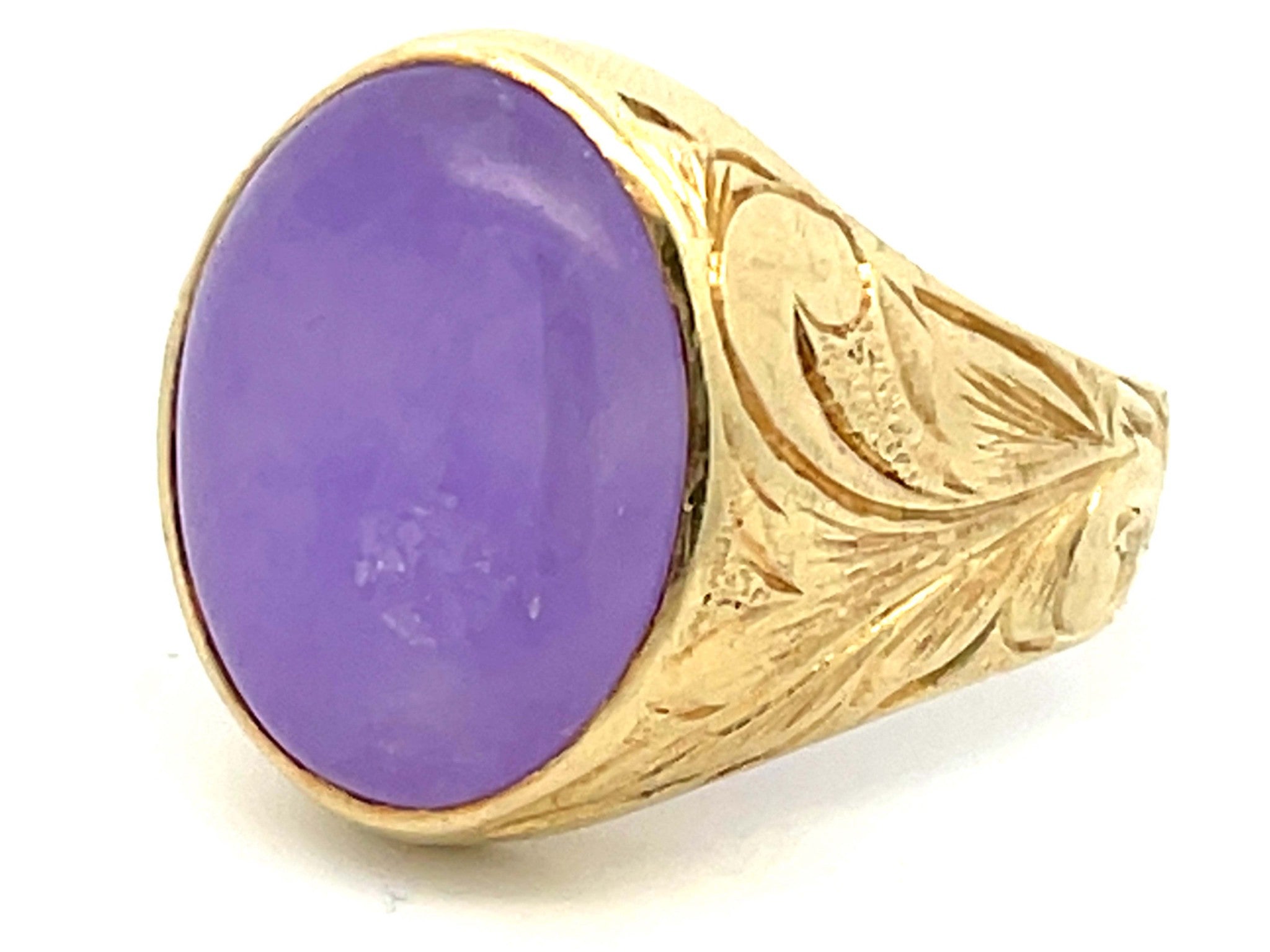 Purple Jade Cabochon Ring with Leaf Design in 14k Yellow Gold