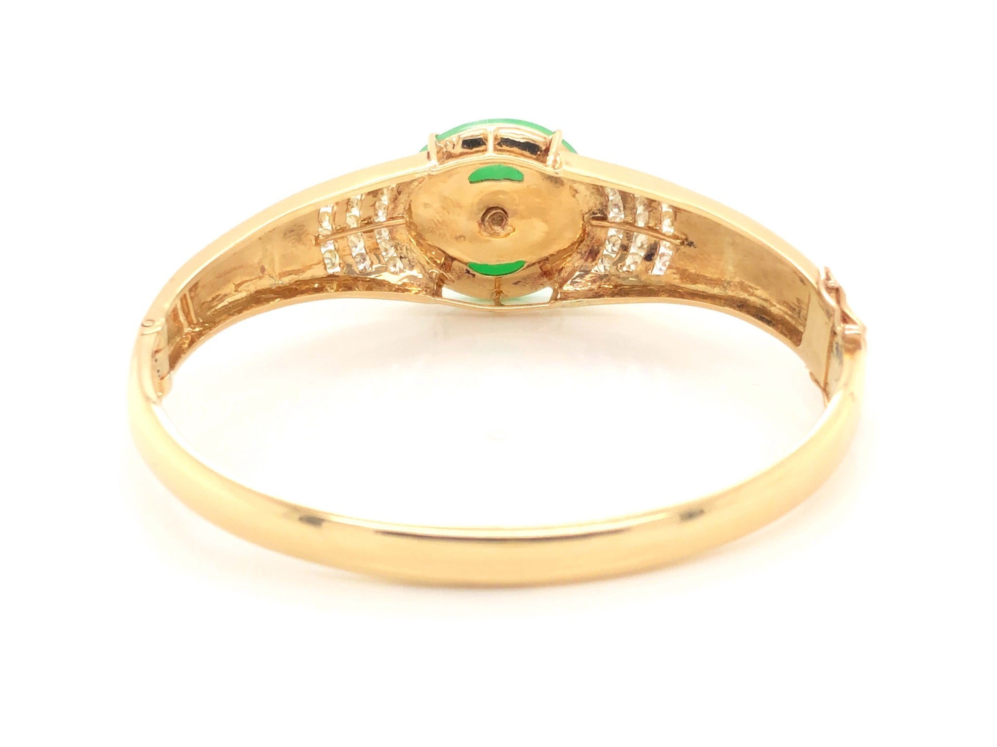 Green Jadeite Jade and Diamond Hinged Bangle Bracelet in 18k Yellow Gold