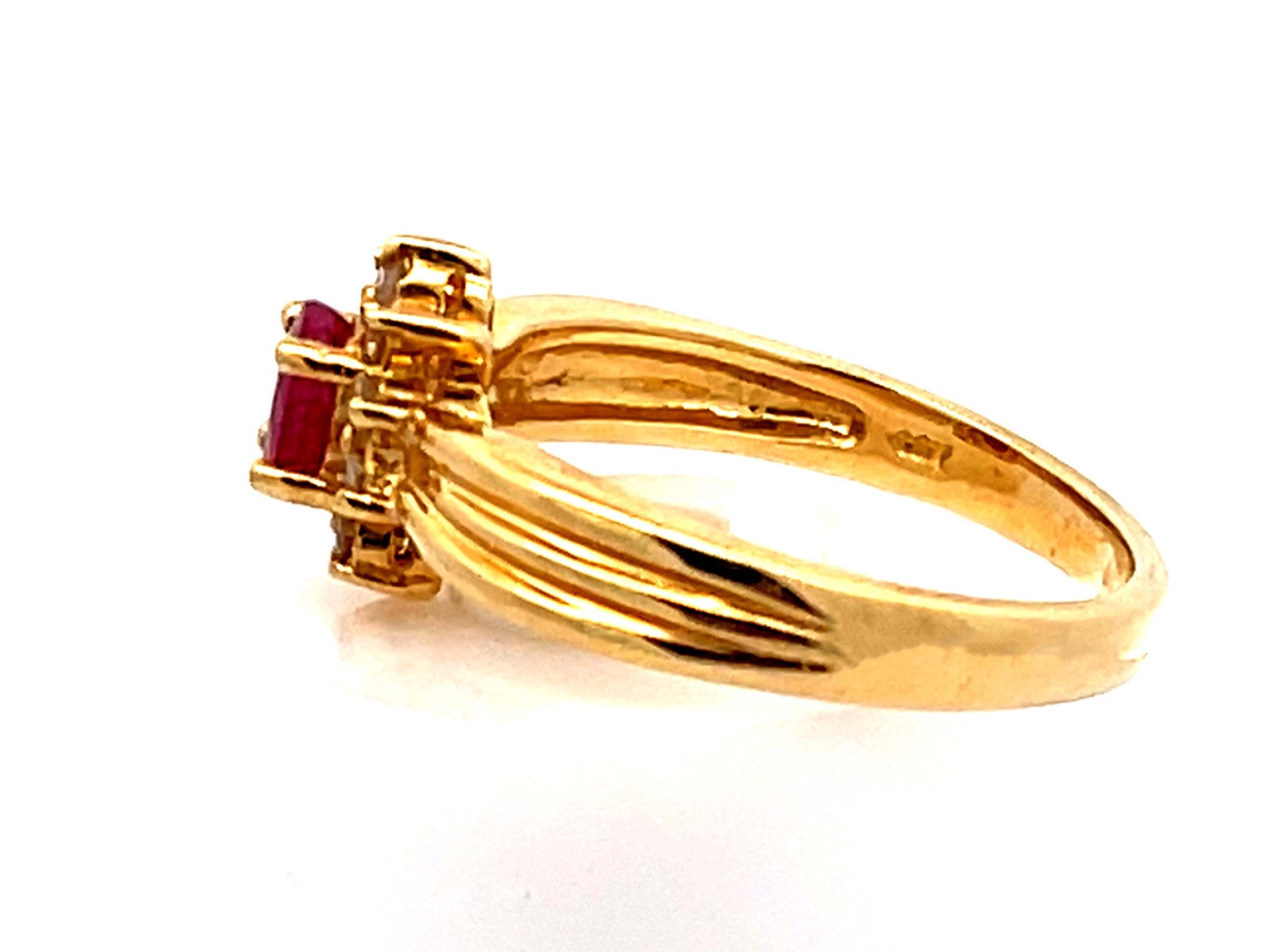 Vintage Ruby and Diamond Flower Ring in 14k Yellow Gold