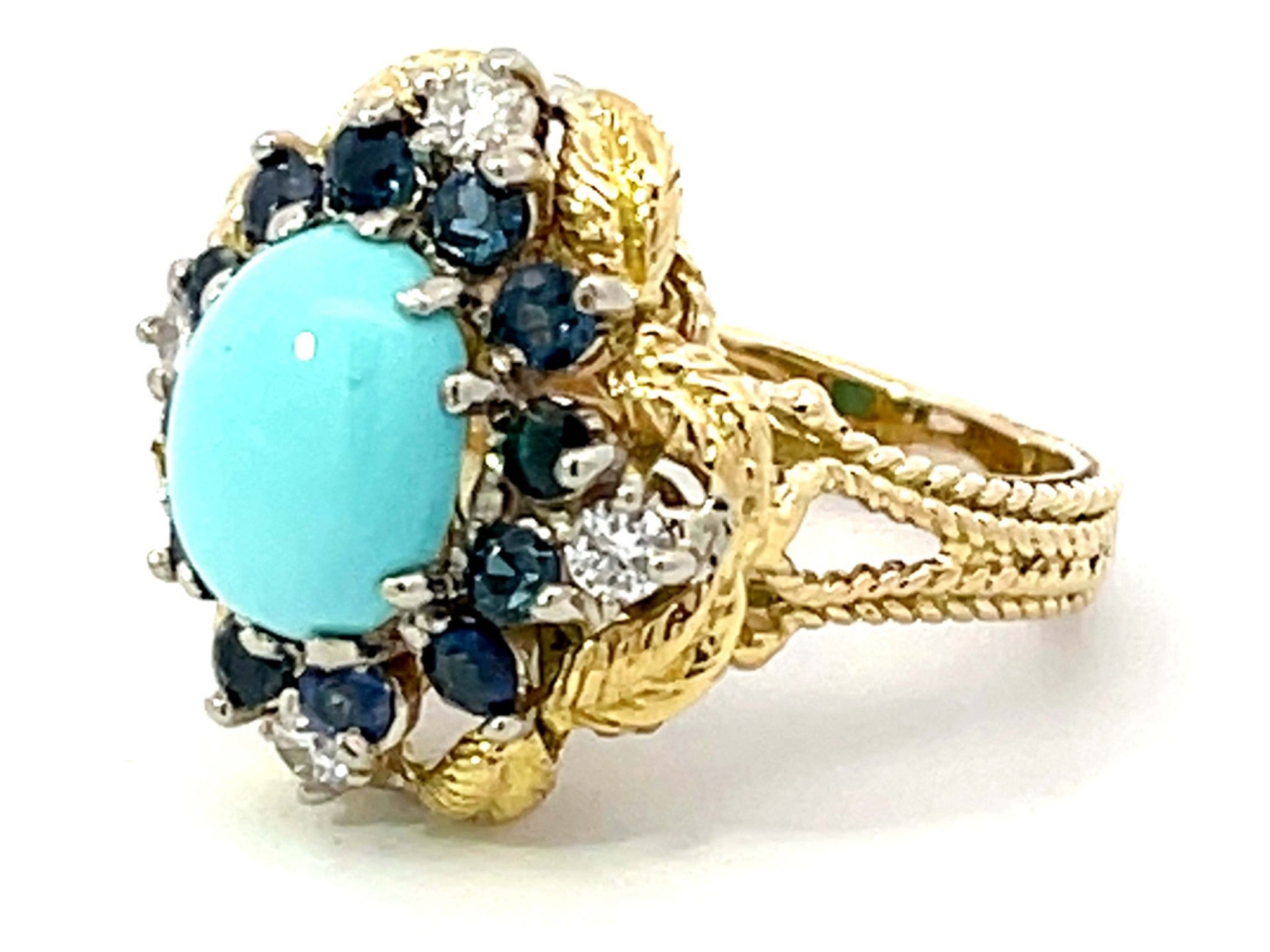 Vintage Turquoise Sapphire and Diamond Ring in 18k Yellow Gold